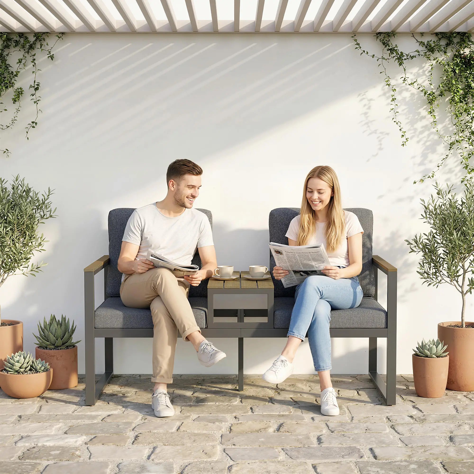 Outdoor Garden Bench With Integrated Table, 2 Seater Patio Loveseat, 136 cm, Grey Outdoor Benches at Gallery Canada