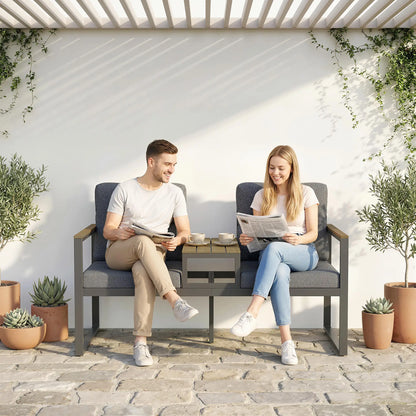 Outdoor Garden Bench With Integrated Table, 2 Seater Patio Loveseat, 136 cm, Grey Outdoor Benches at Gallery Canada