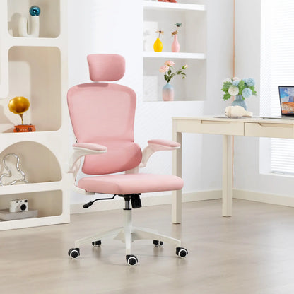 Ergonomic Mesh Office Chair, High Back, Rotatable Headrest, Flip-Up Armrests, Lumbar Support, Pink Task Chairs at Gallery Canada