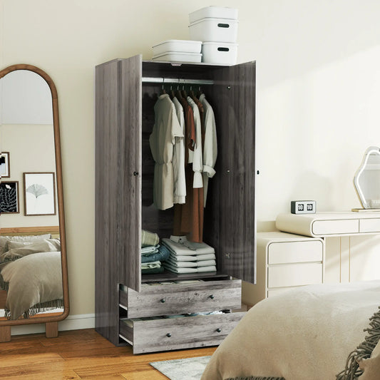 Modern Wardrobe Closet, 2 Drawers, Hanging Rod, Grey Clothing Storage Grey at Gallery Canada