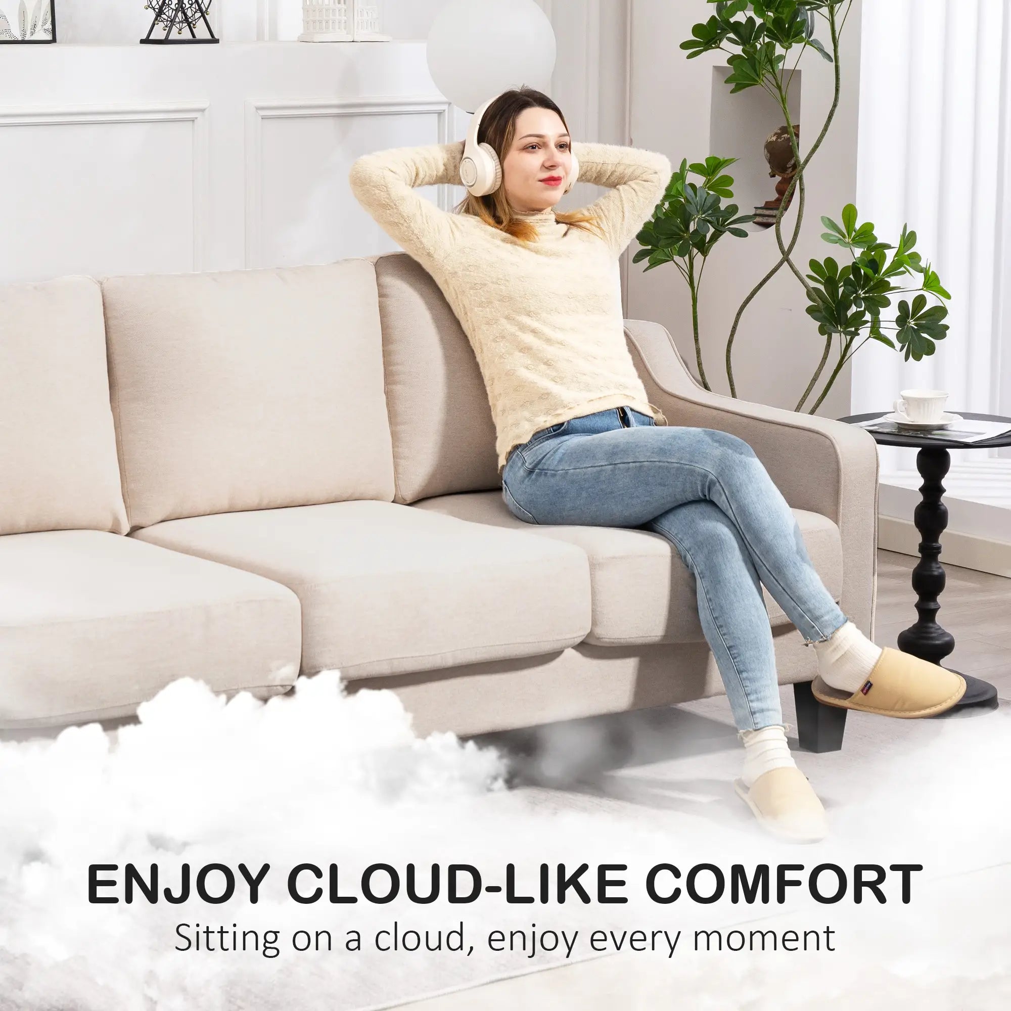 3 Seater Sofa, Modern Linen Couch, Pocket Spring, Thick Padded, Beige 3-Seater Sofas at Gallery Canada