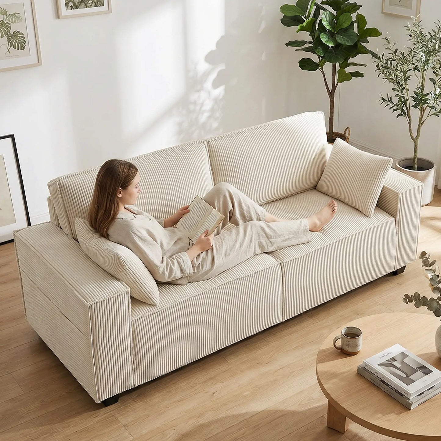 86" 3 Seater Sofa, Modern Corduroy Upholstered Couch, Beige 3-Seater Sofas at Gallery Canada