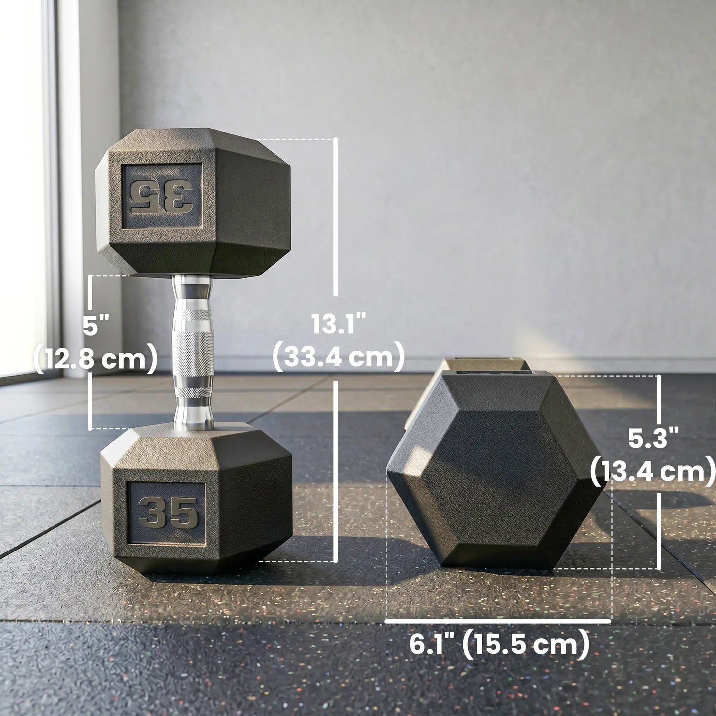 2X35 lbs Rubber Hex Dumbbell Set, Black, Black