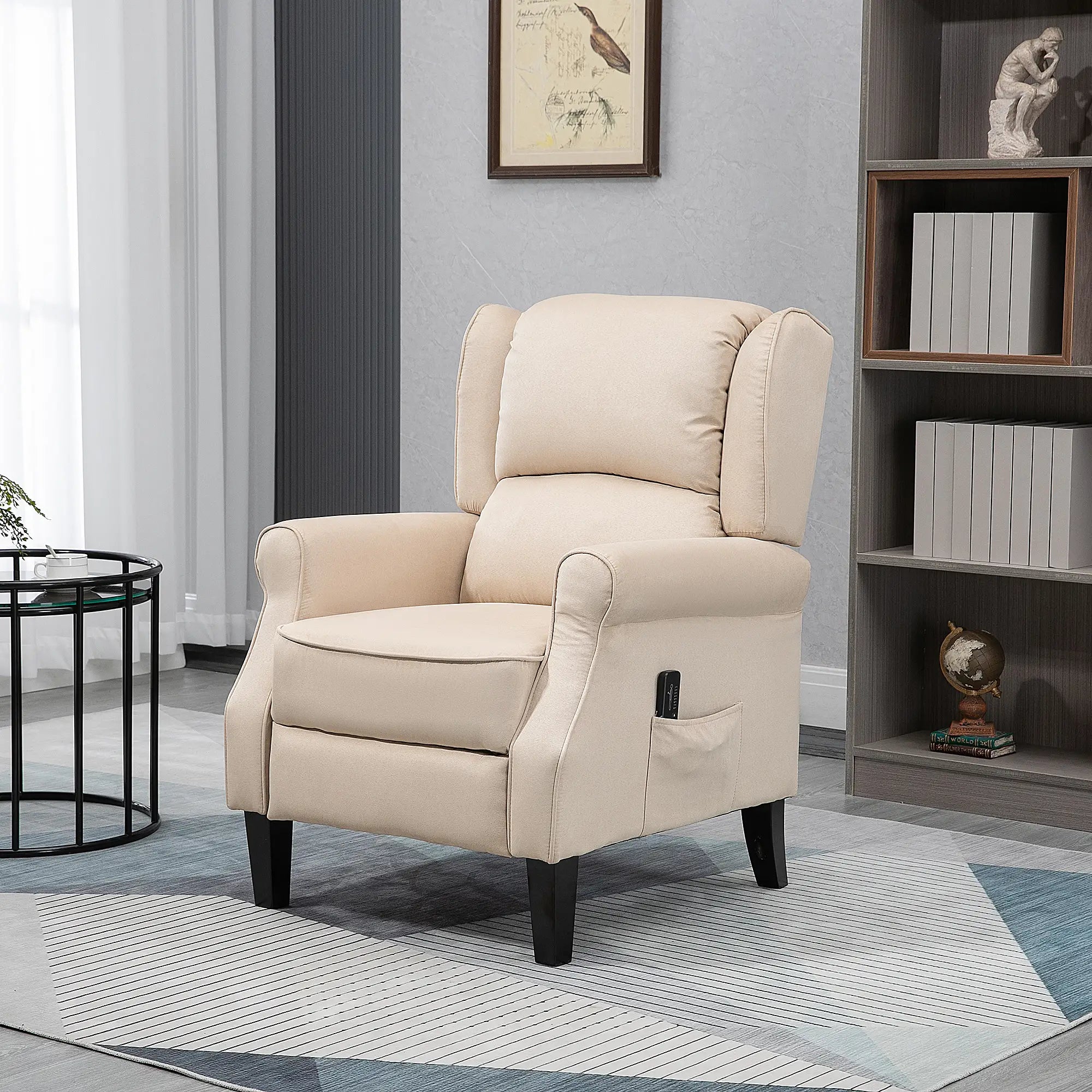 Massage Recliner Chair, Suede Wingback with Footrest, Wood Legs, Remote, Beige Single Sofas at Gallery Canada