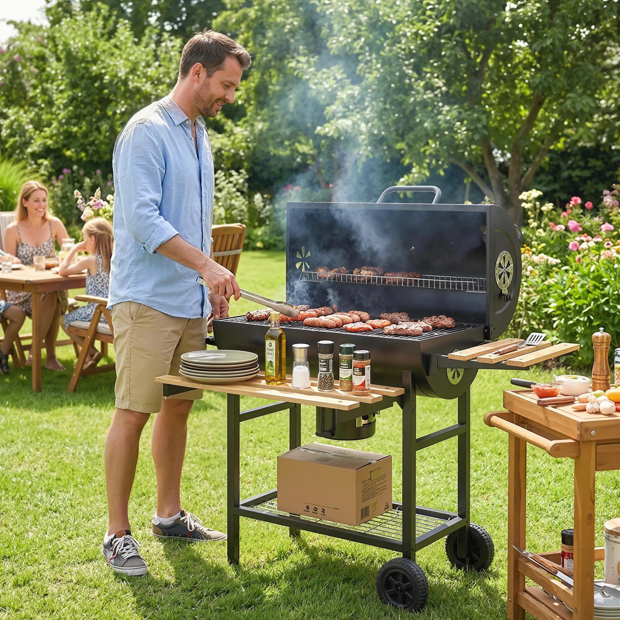 Charcoal BBQ Grill With Foldable Shelves, Warming Rack, Thermometer, Wheels Charcoal BBQ Grils at Gallery Canada