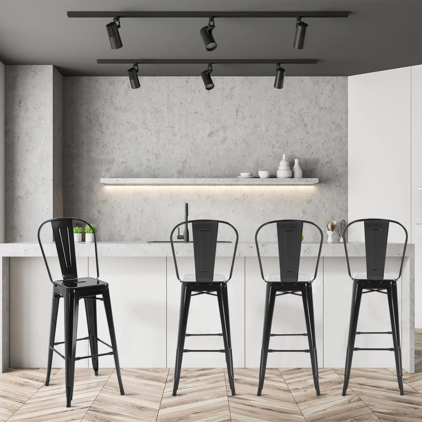 Set of 4 Bar Stools, Industrial Kitchen, Metal Frame, Black Bar Stools at Gallery Canada
