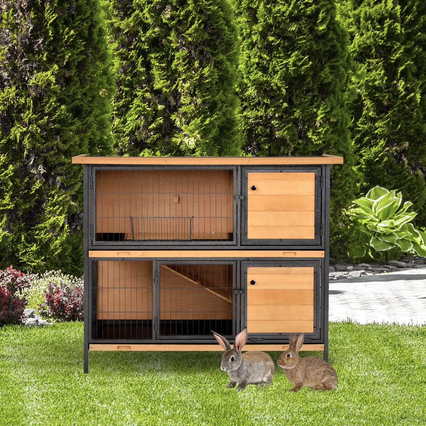 48" 2-Floor Rabbit Hutch, Wooden Pet House, Metal Frame Bunny Cage Rabbit Hutch at Gallery Canada