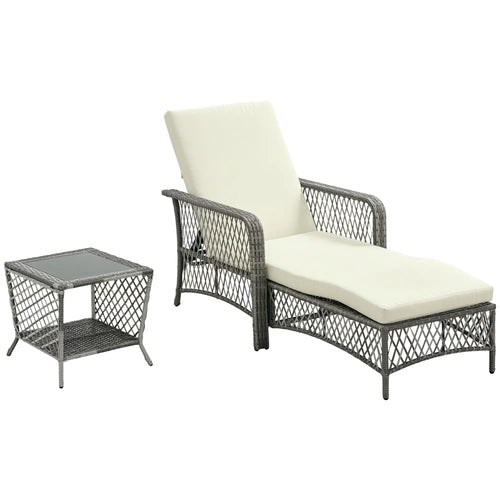 2-Piece Wicker Patio Lounge Set With Cushions, Outdoor PE Rattan Chaise Chair, Coffee Table, Cream White