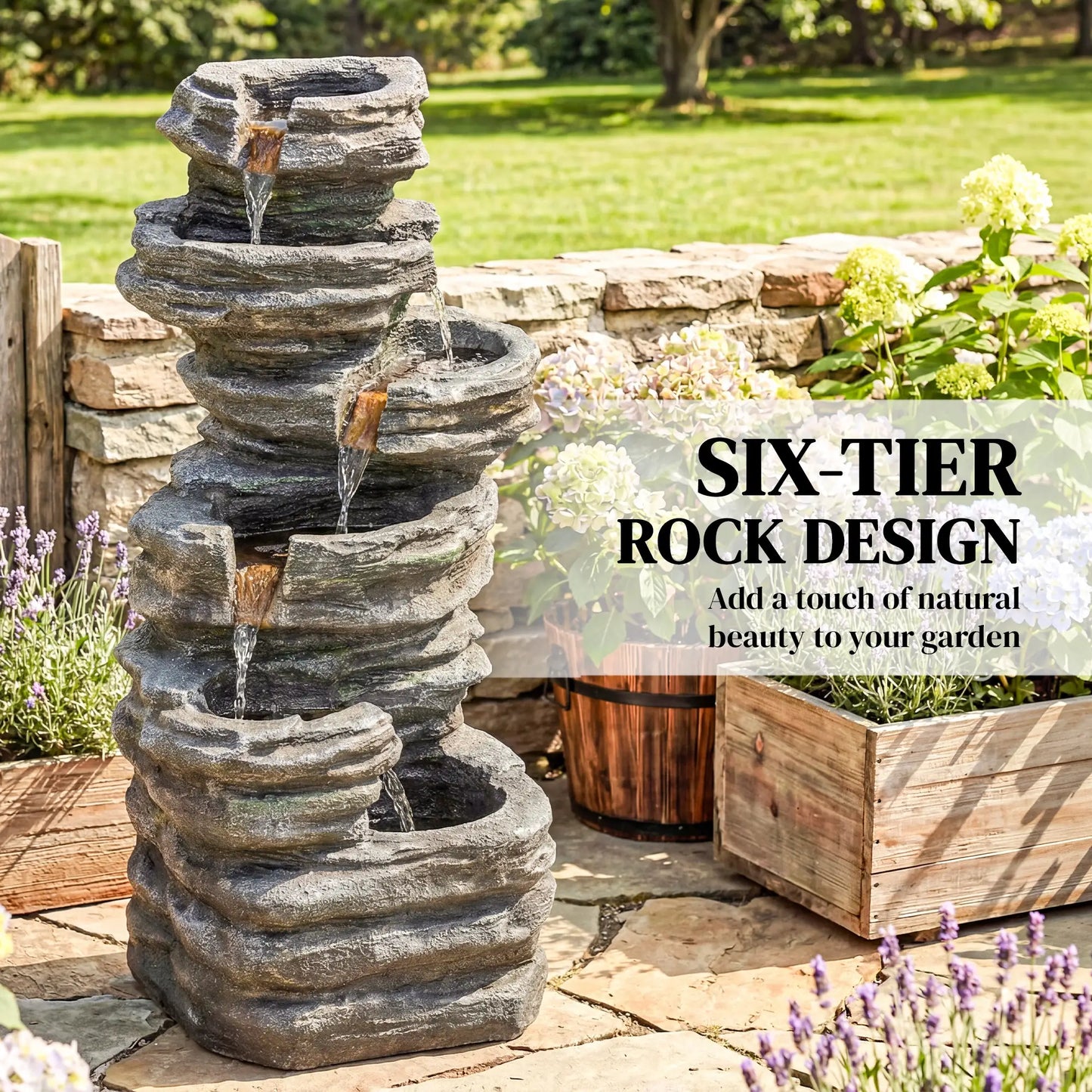 Outdoor 6-Tier Water Fountain, Waterfall With LED Lights, Resin Feature, Grey Water Fountains at Gallery Canada