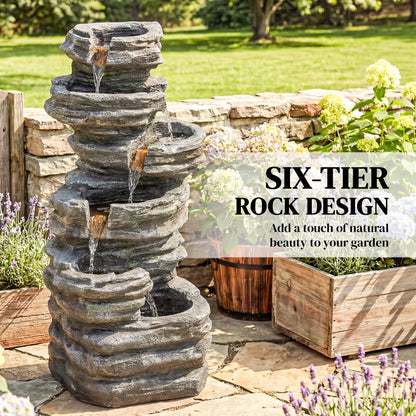 Outdoor 6-Tier Water Fountain, Waterfall With LED Lights, Resin Feature, Grey Water Fountains at Gallery Canada