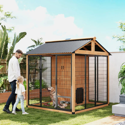 86" L Wooden Dog Kennel With Storage Cabinet, Stainless Steel Bowls, Yellow Dog Cages & Crates at Gallery Canada