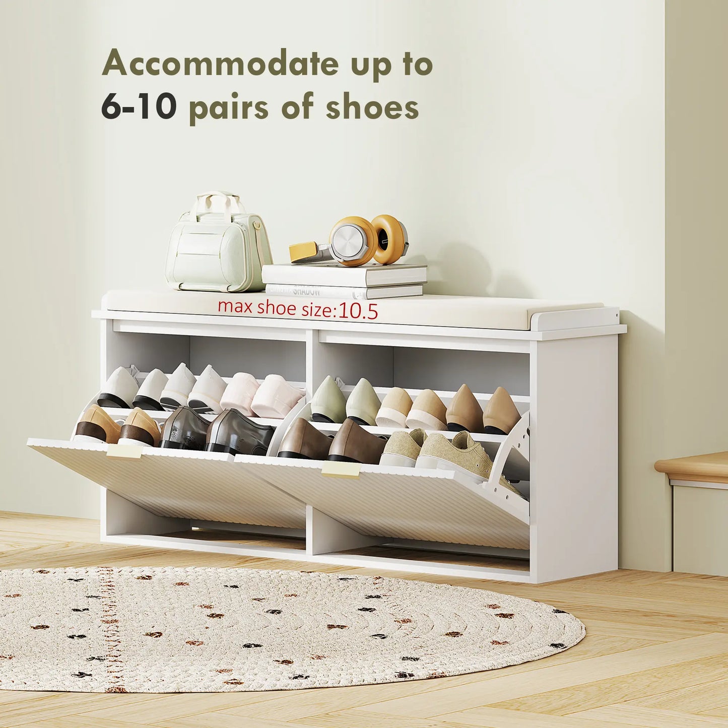 Entryway Bench with Padded Seat, Flip-Drawers, Holds 529lbs, White Shoe Storage Cabinets & Racks at Gallery Canada