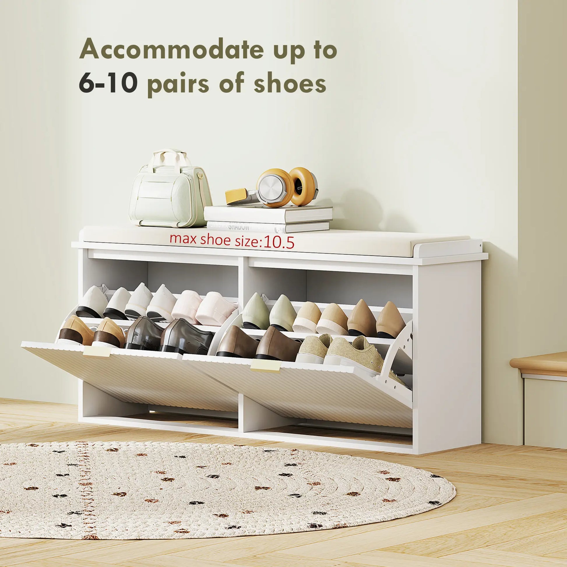 Entryway Bench with Padded Seat, Flip-Drawers, Holds 529lbs, White Shoe Storage Cabinets & Racks at Gallery Canada