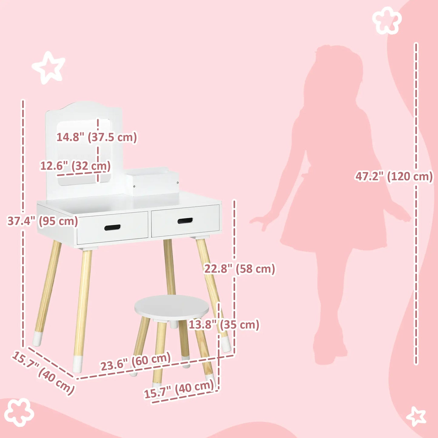 Kids Vanity Set With Mirror, Stool, Drawers, White Kids Bedroom Furniture at Gallery Canada