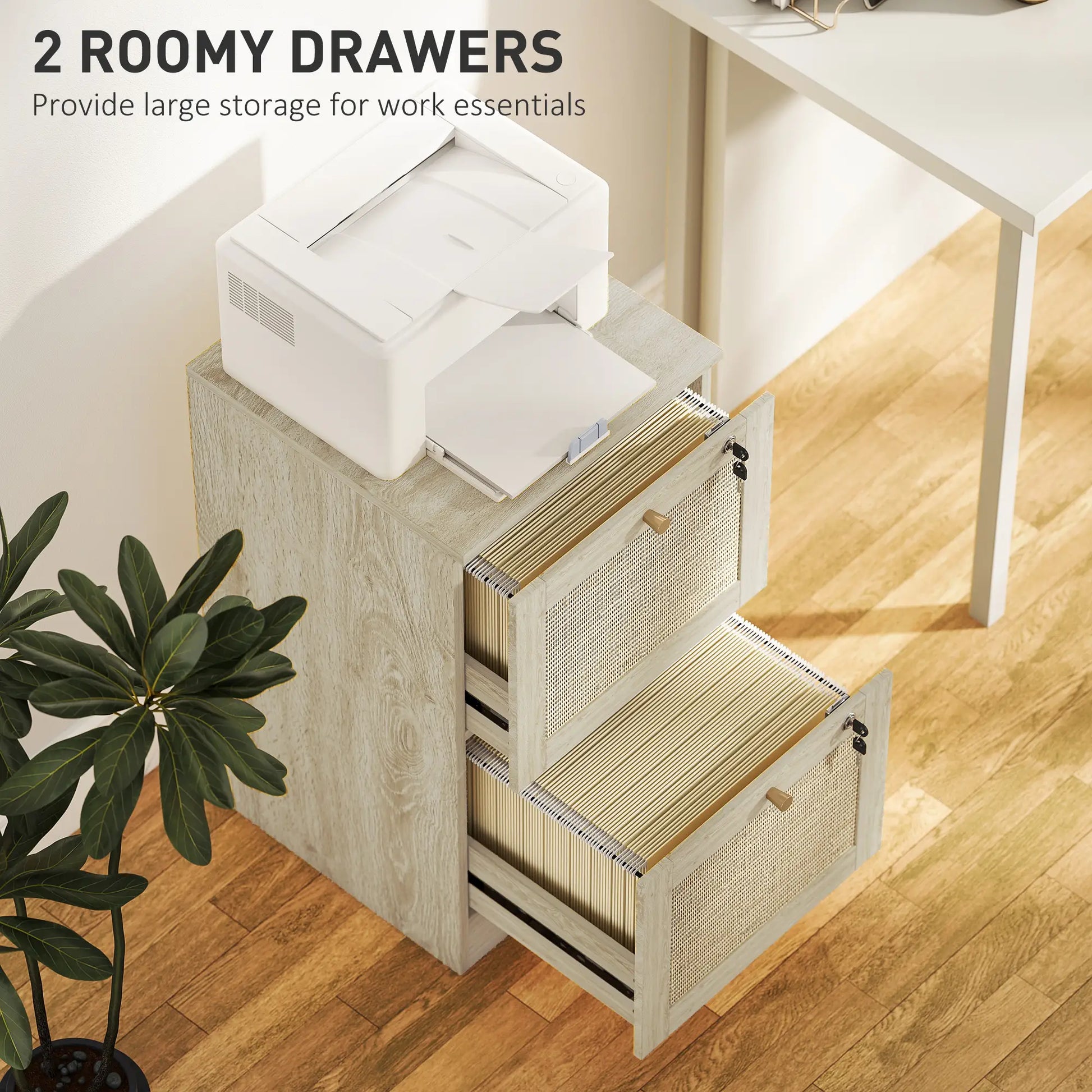 2 Drawer Filing Cabinet with Lock, Boho Style, A4 Letter Size, Oak Office Cabinets & Cupboards at Gallery Canada