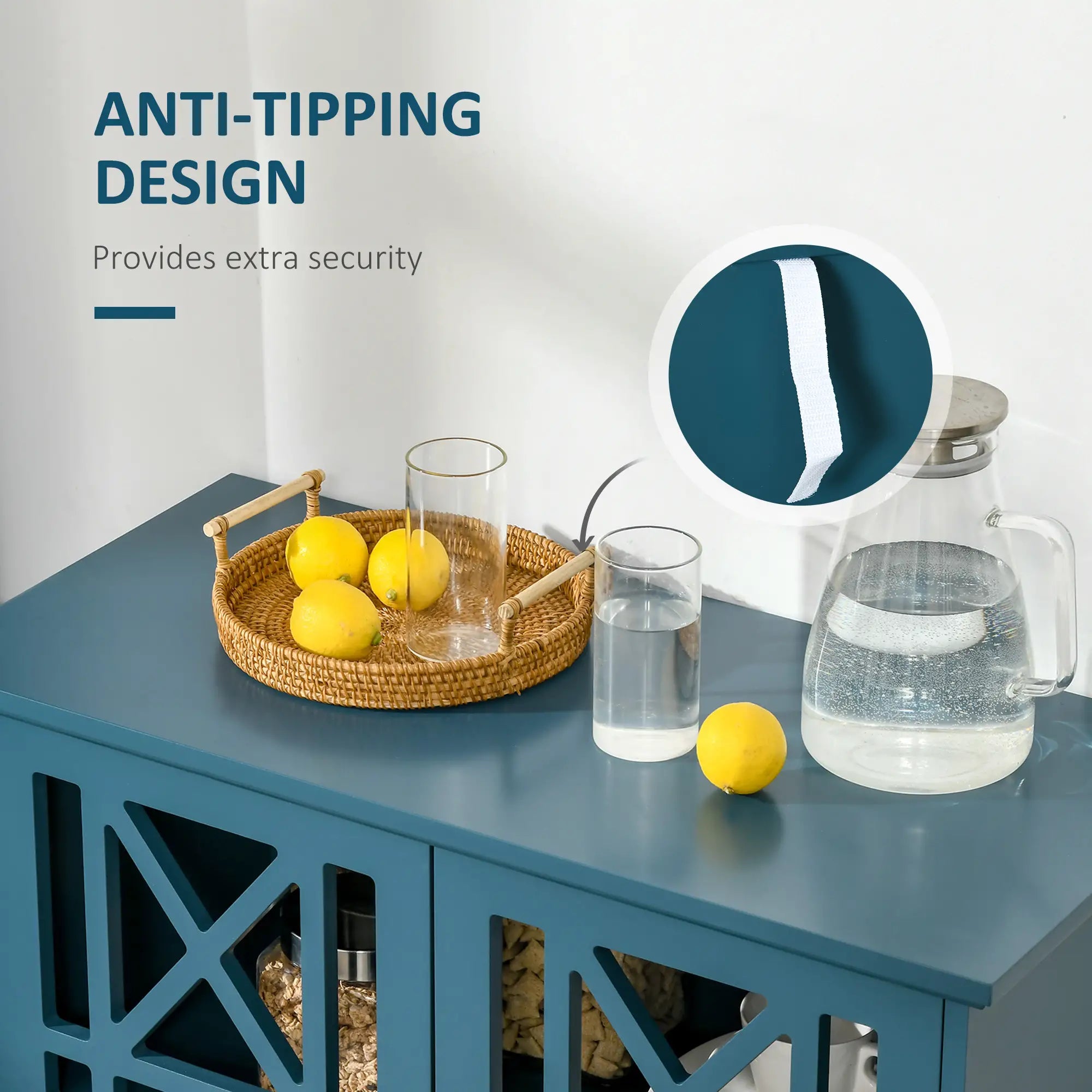 Modern Storage Cabinet with Fretwork Doors, Shelf, Blue Storage Cabinets at Gallery Canada