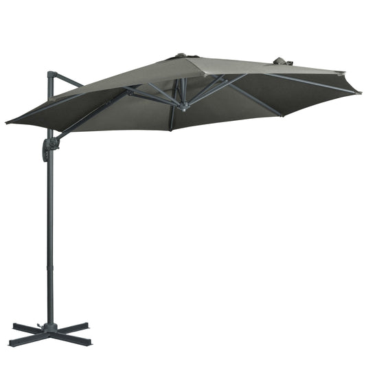 Φ9.6' Patio Hanging Offset Umbrella Aluminum Outdoor Cantilever Crank Market Parasol Garden Sun Canopy Shelter 360° Rotation with Cross Base Grey - Gallery Canada