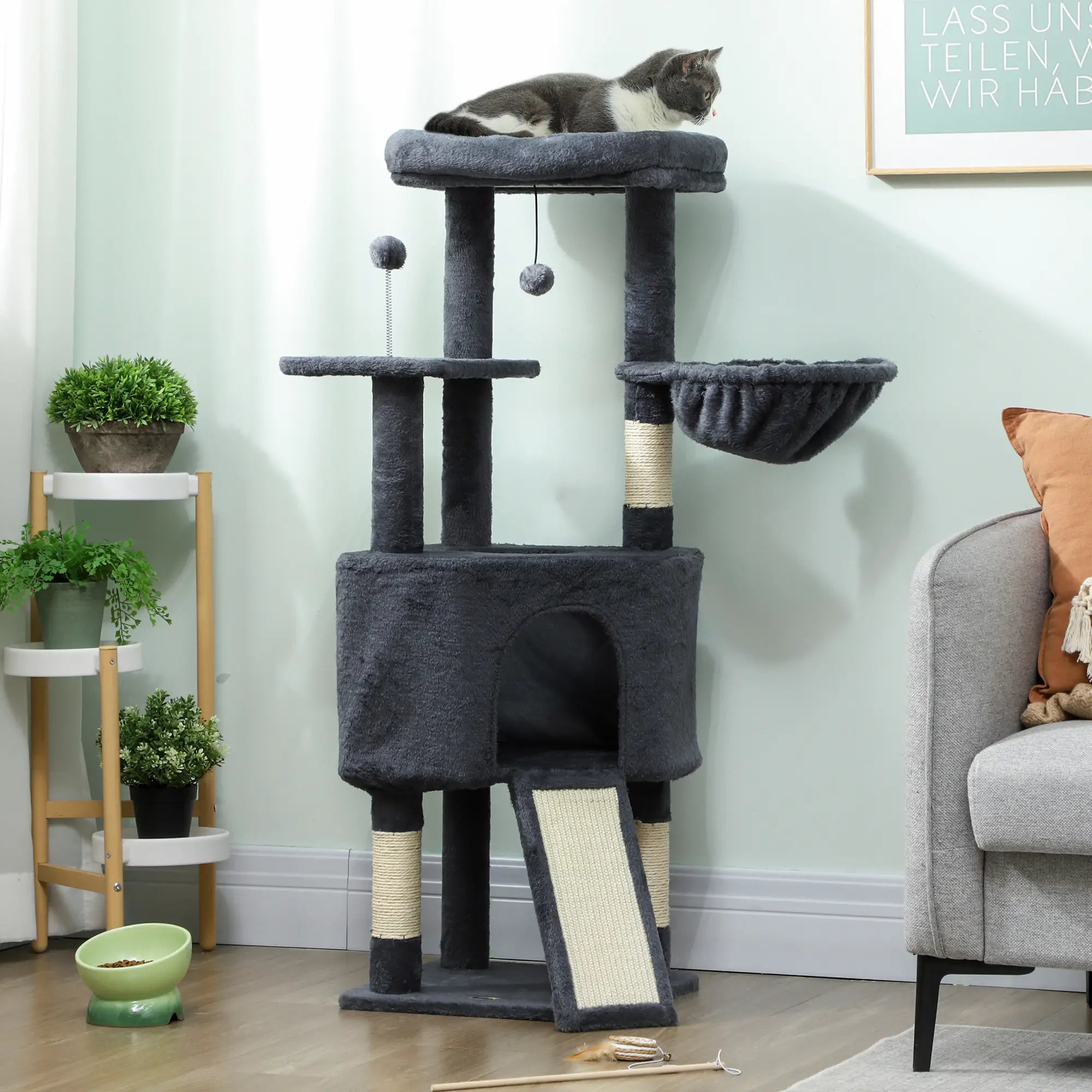 47 Inch Cat Tree, Condo, Bed, Scratching Posts, Hammock, Dark Grey Cat Trees at Gallery Canada