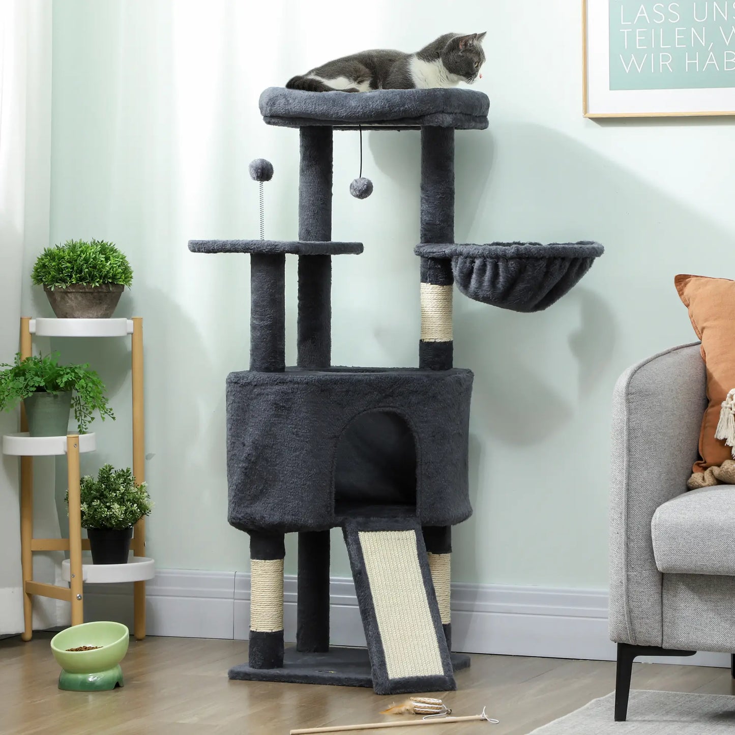 47 Inch Cat Tree, Condo, Bed, Scratching Posts, Hammock, Dark Grey Cat Trees at Gallery Canada