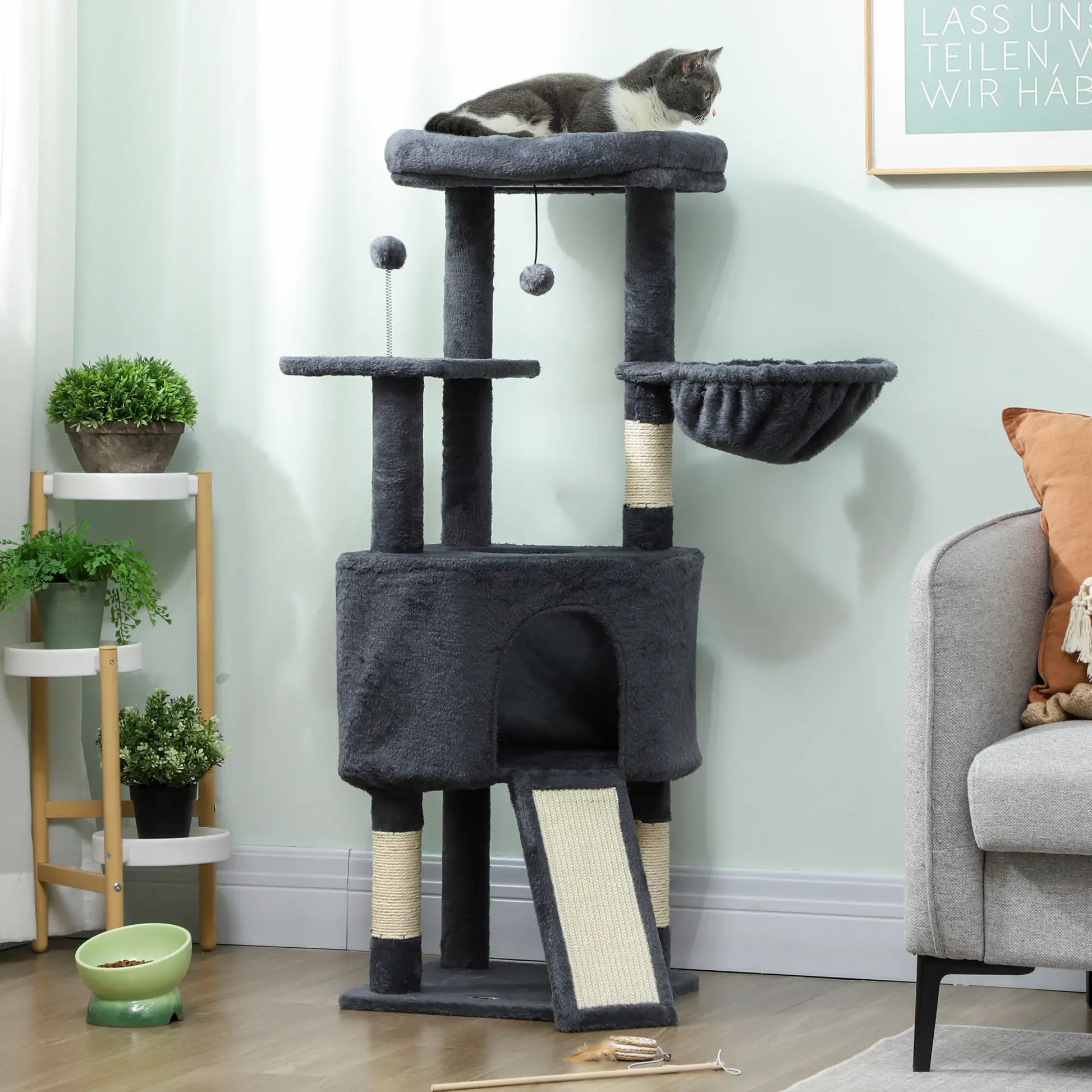 47 Inch Cat Tree, Condo, Bed, Scratching Posts, Hammock, Dark Grey Cat Trees at Gallery Canada
