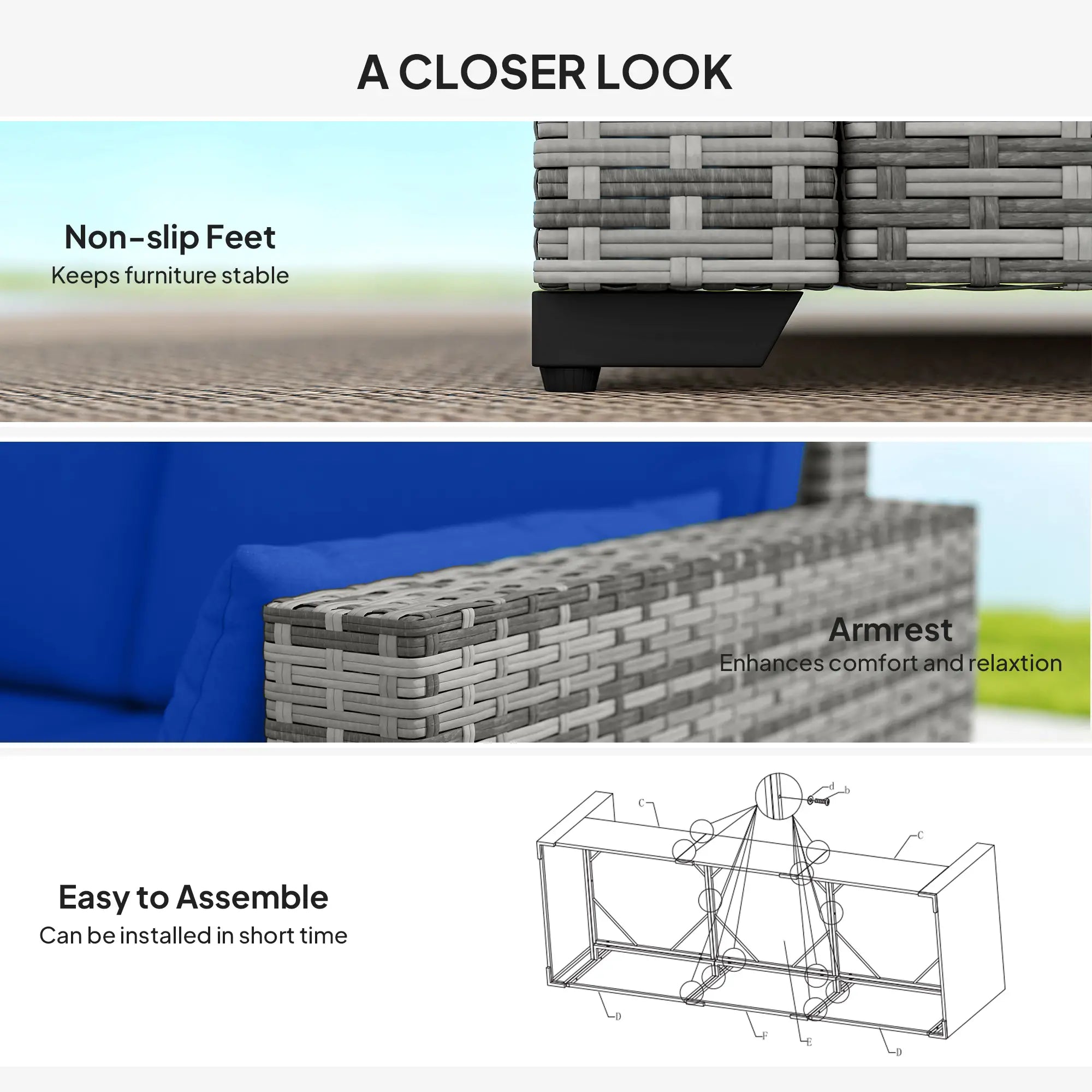 3-Seater Outdoor Sofa with Cushions, PE Rattan, Blue Patio Furniture Sets at Gallery Canada