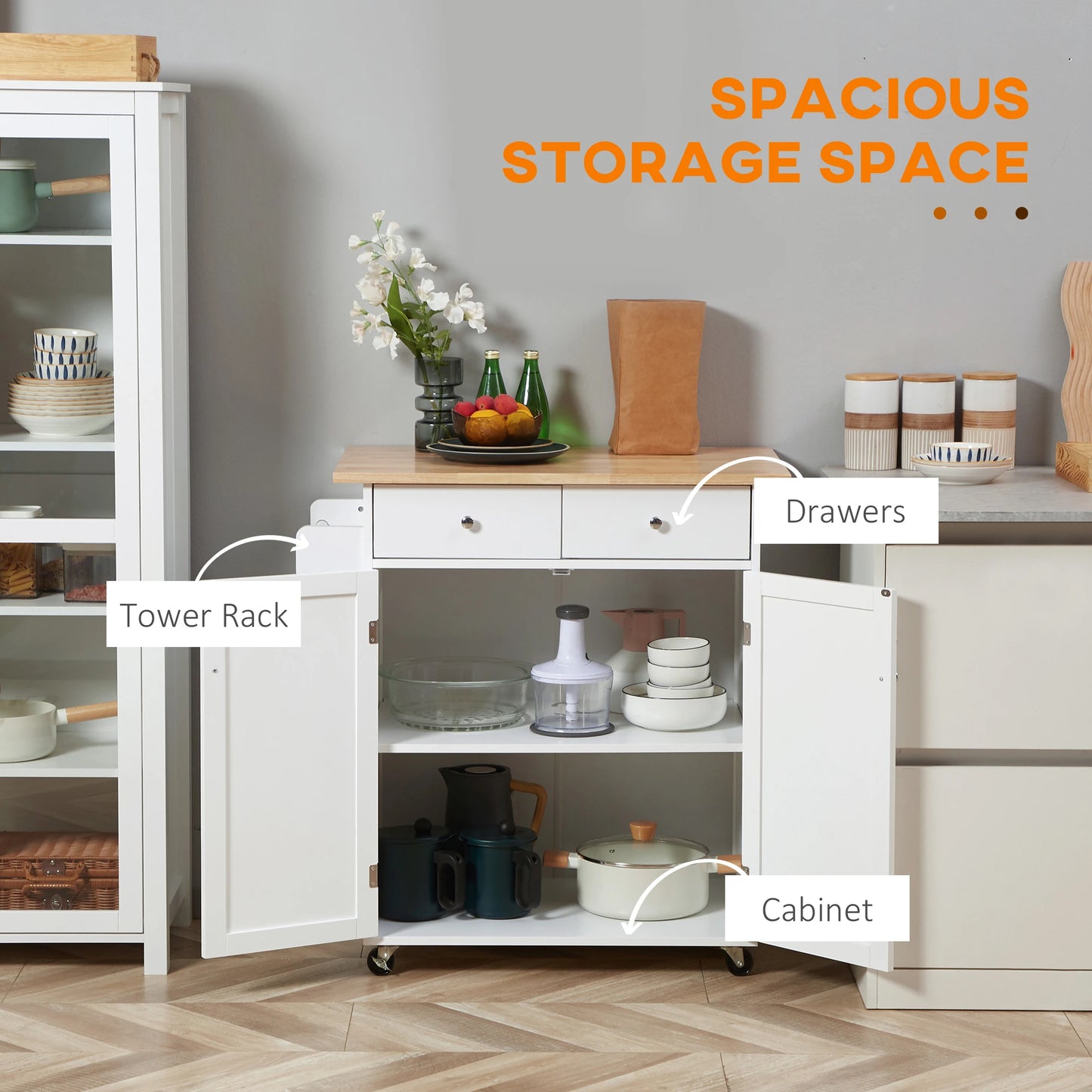 Rolling Kitchen Island with Storage, Adjustable Shelf, White Kitchen Islands & Kitchen Carts at Gallery Canada