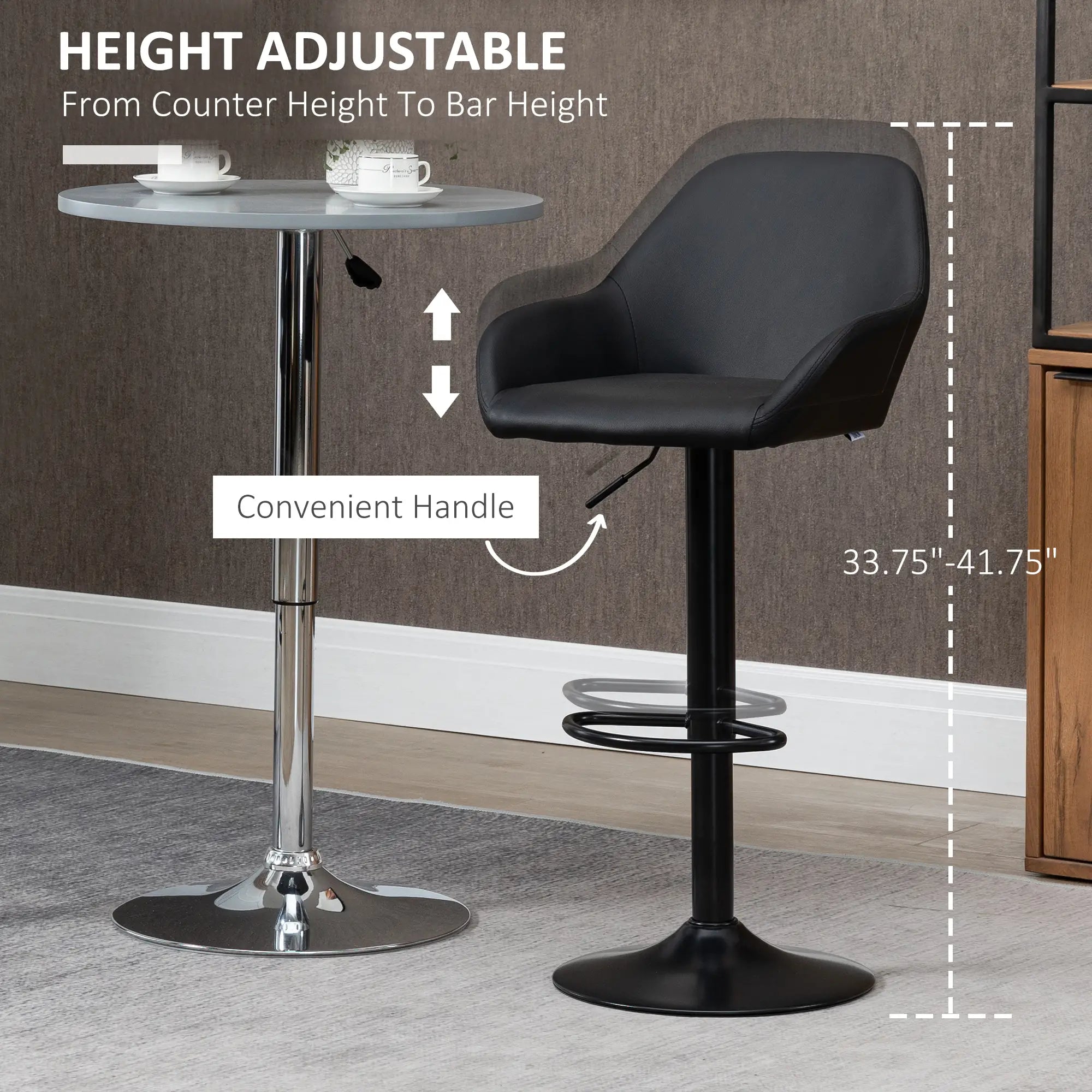 Adjustable Bar Stools Set of 2, Swivel with Footrest, PU Leather, Black Bar Stools at Gallery Canada