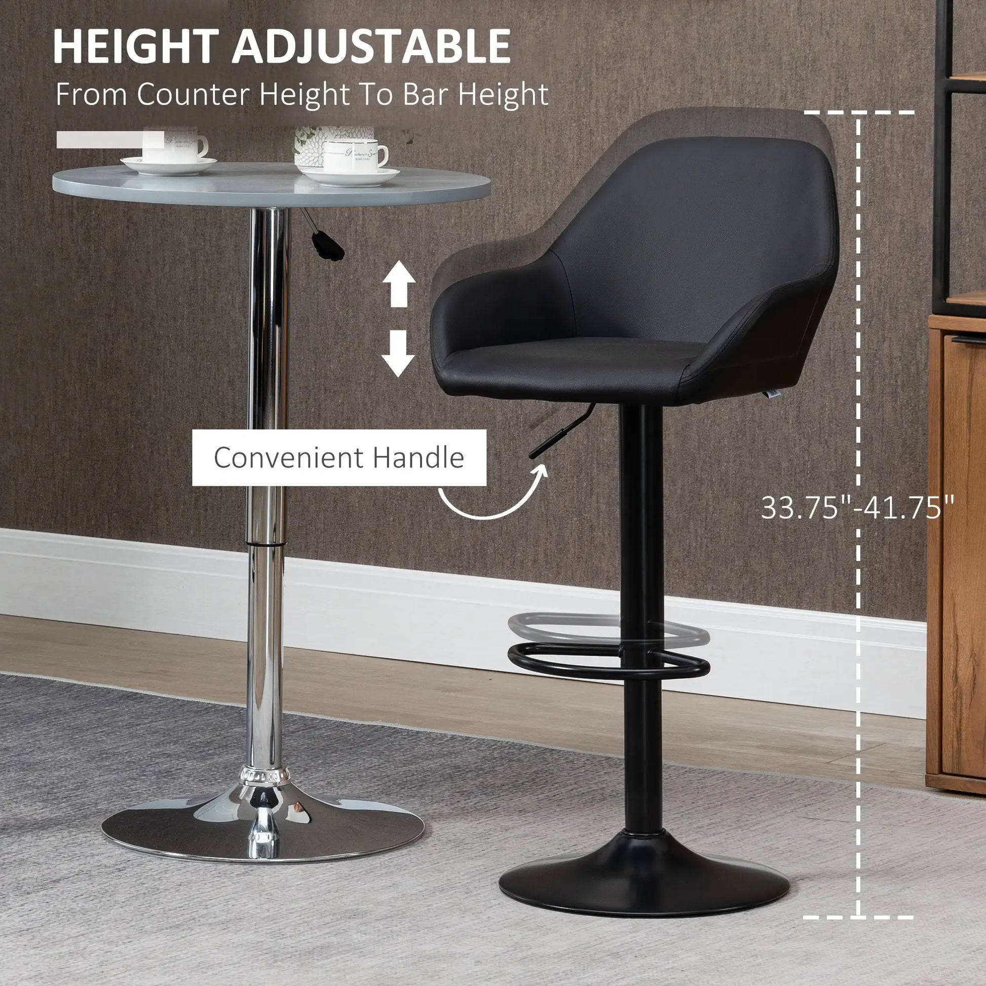 Adjustable Bar Stools Set of 2, Swivel with Footrest, PU Leather, Black Bar Stools at Gallery Canada