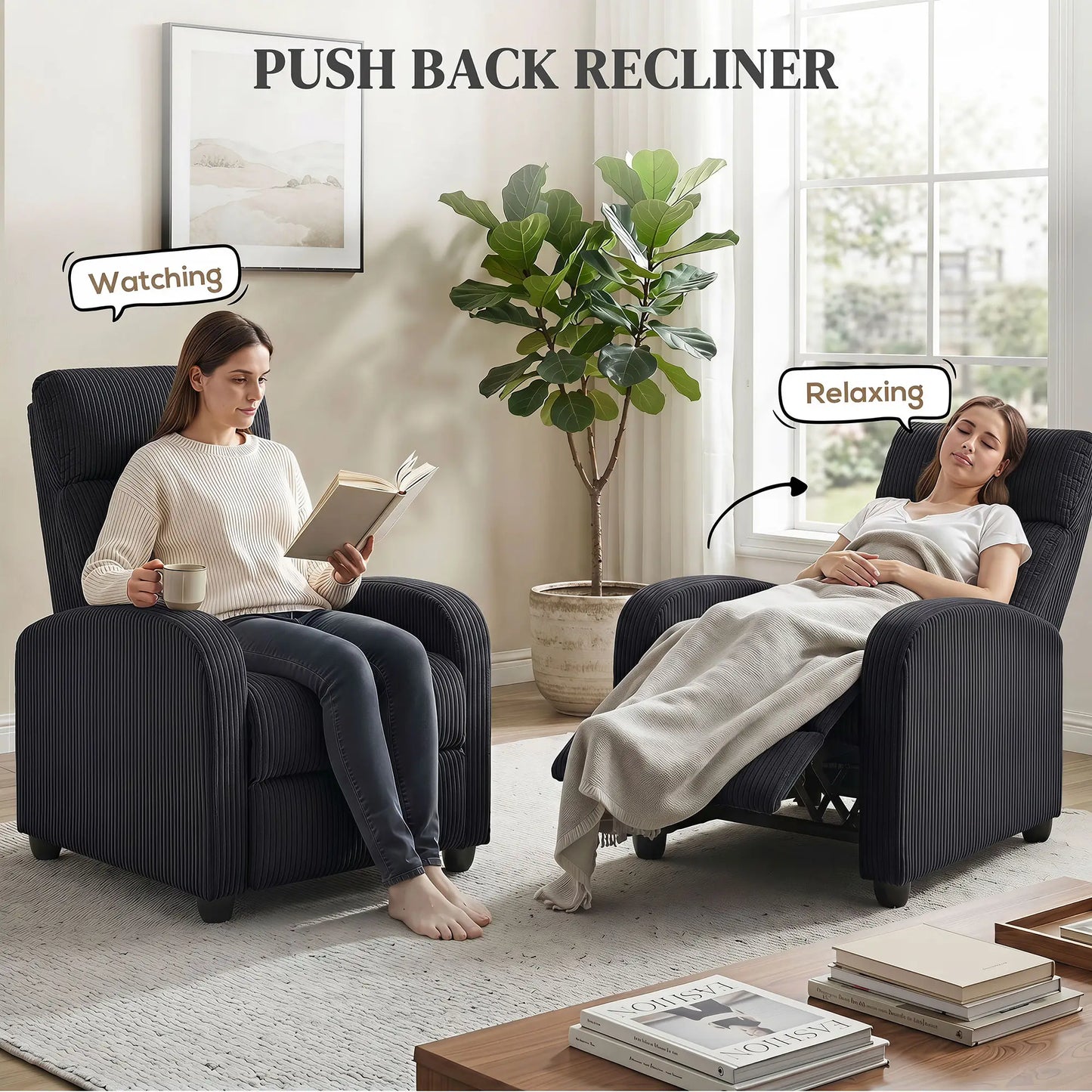 Fauteuil inclinable Corduroy, siège rembourré, noir