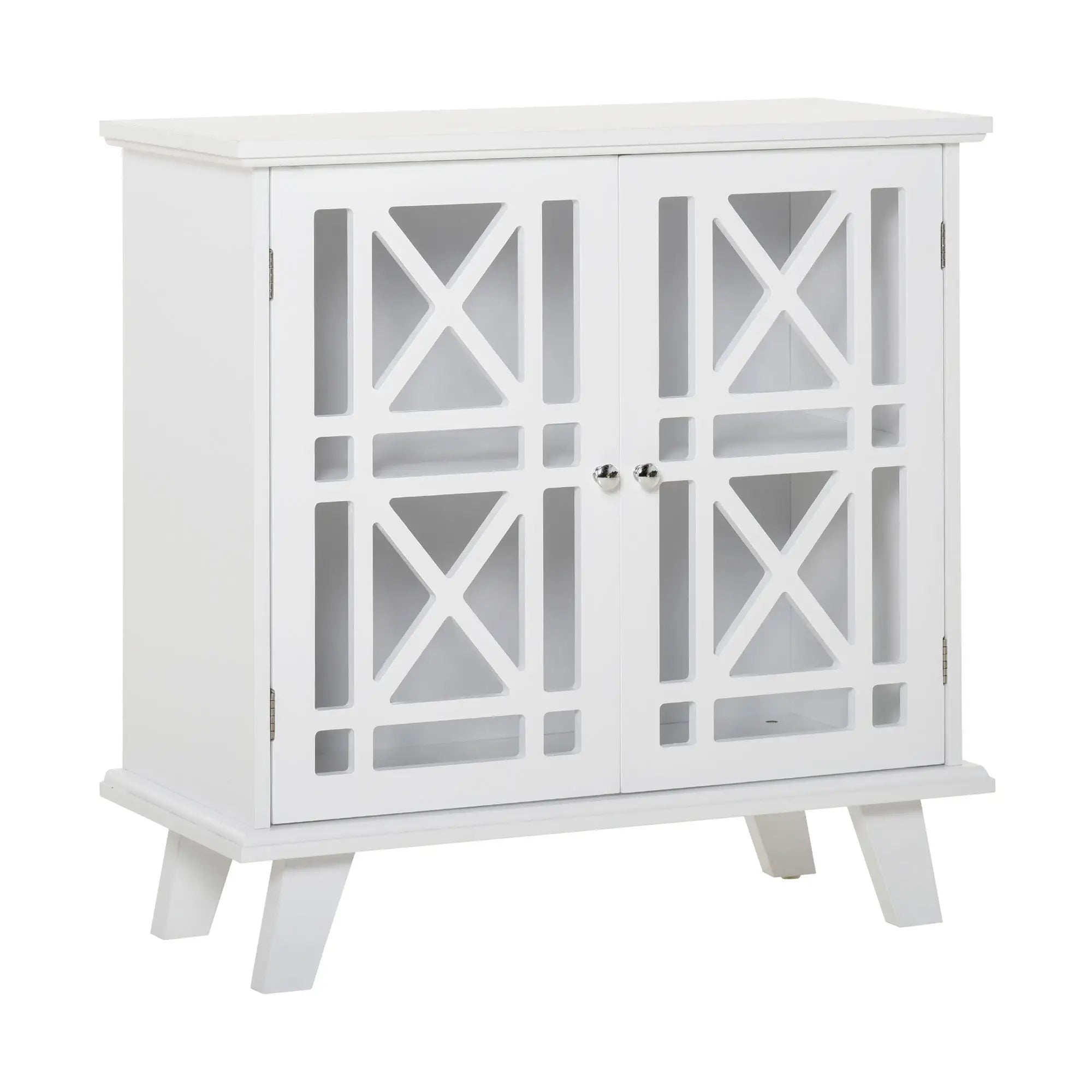 Modern Storage Cabinet with Fretwork Doors, Shelf, White Storage Cabinets at Gallery Canada