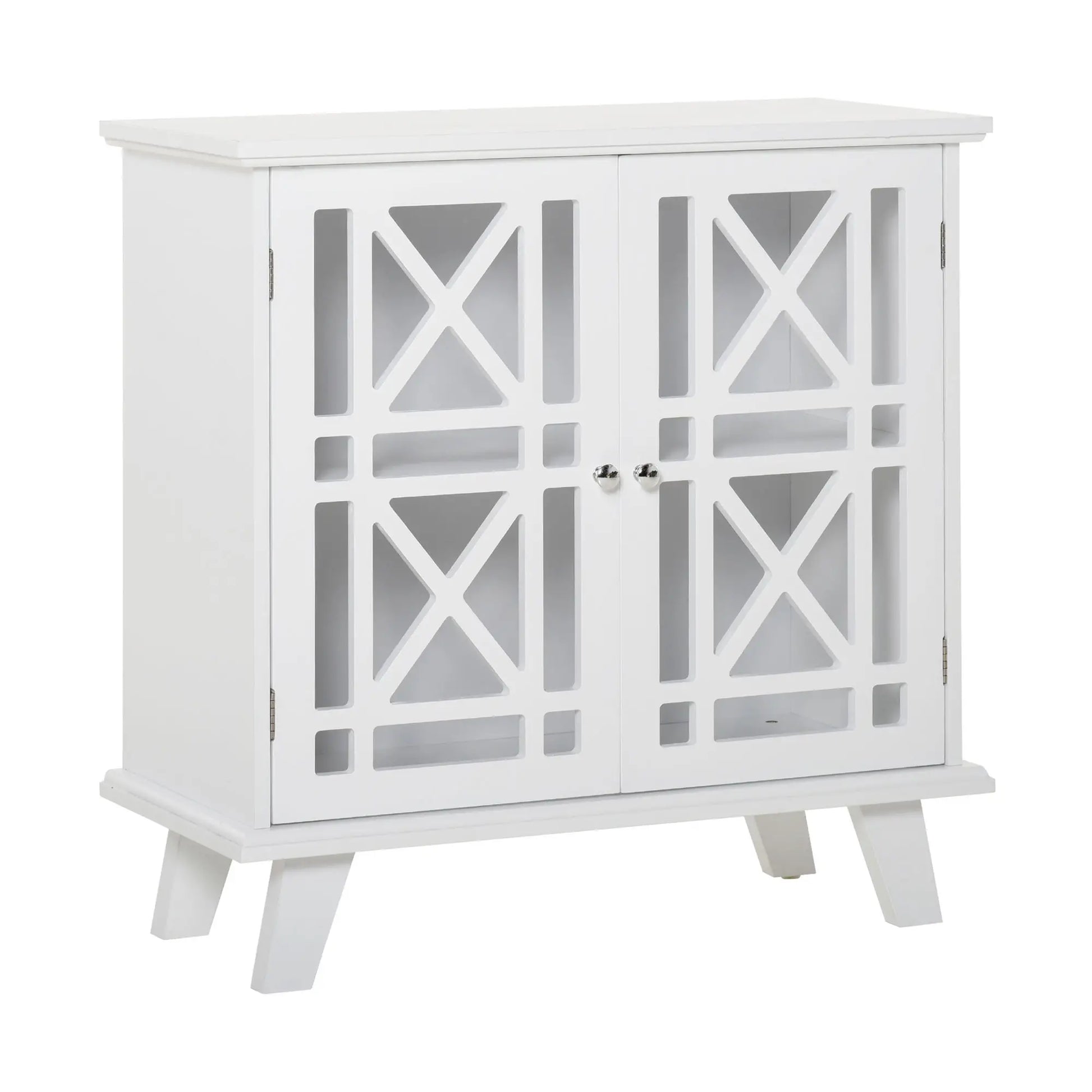 Modern Storage Cabinet with Fretwork Doors, Shelf, White Storage Cabinets at Gallery Canada