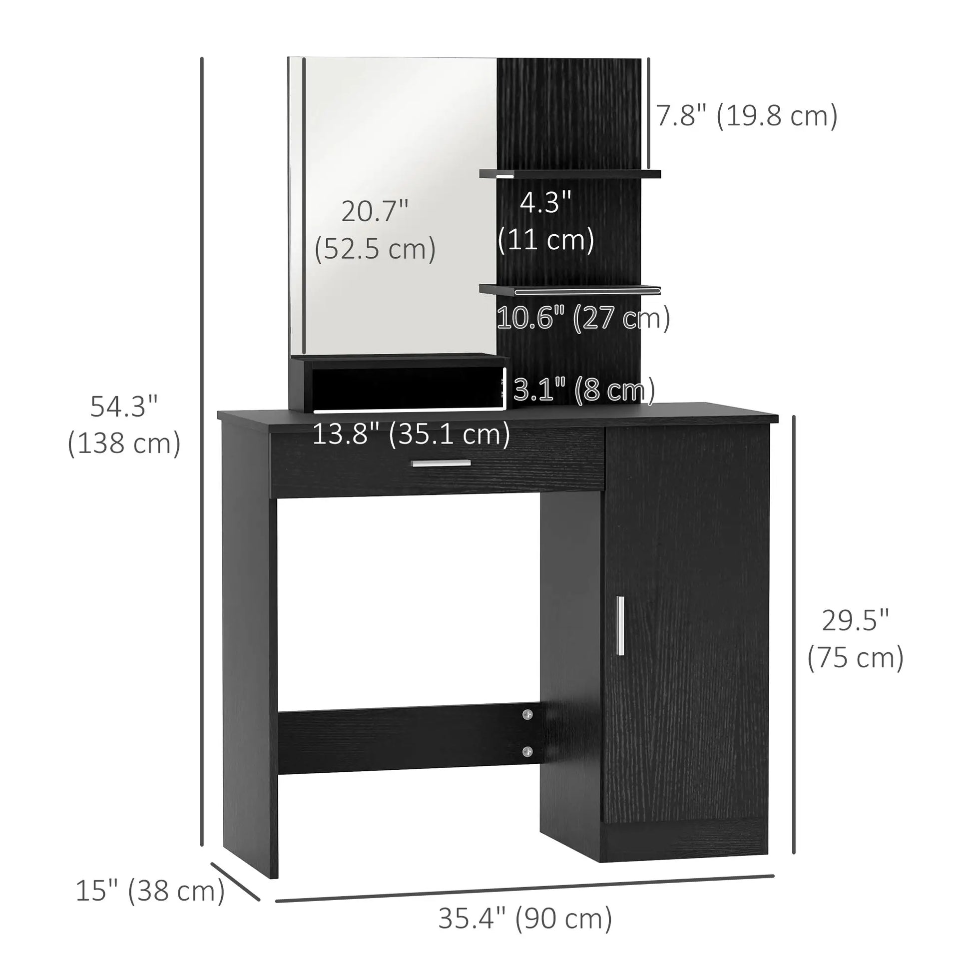 Dressing Table with Mirror, Drawer, Storage Shelves, 35.4" x 15" x 54.3", Black Dressing & Vanity Tables at Gallery Canada