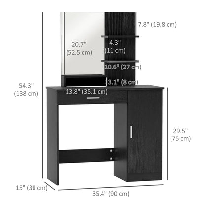 Dressing Table with Mirror, Drawer, Storage Shelves, 35.4" x 15" x 54.3", Black Dressing & Vanity Tables at Gallery Canada