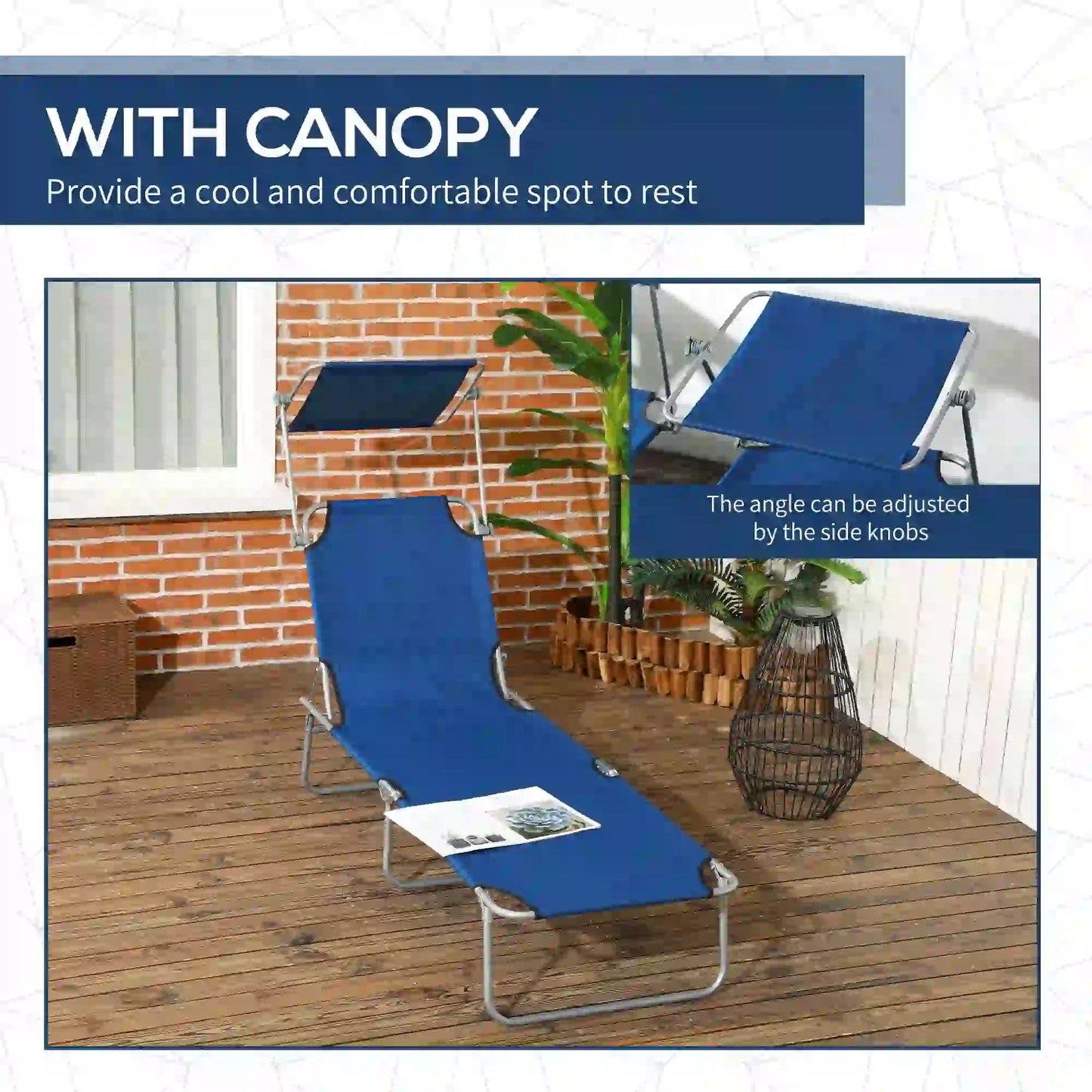 Outdoor Lounge Chair, Adjustable Folding Chaise With Sun Shade, Blue Lounger Chairs at Gallery Canada