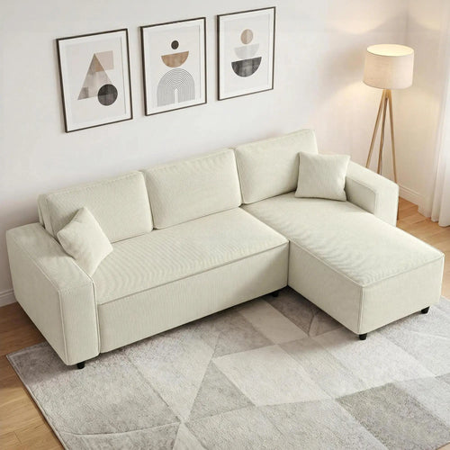 Corner Sofa, L-Shaped Sectional, Corduroy, Pocket Spring, Cream White