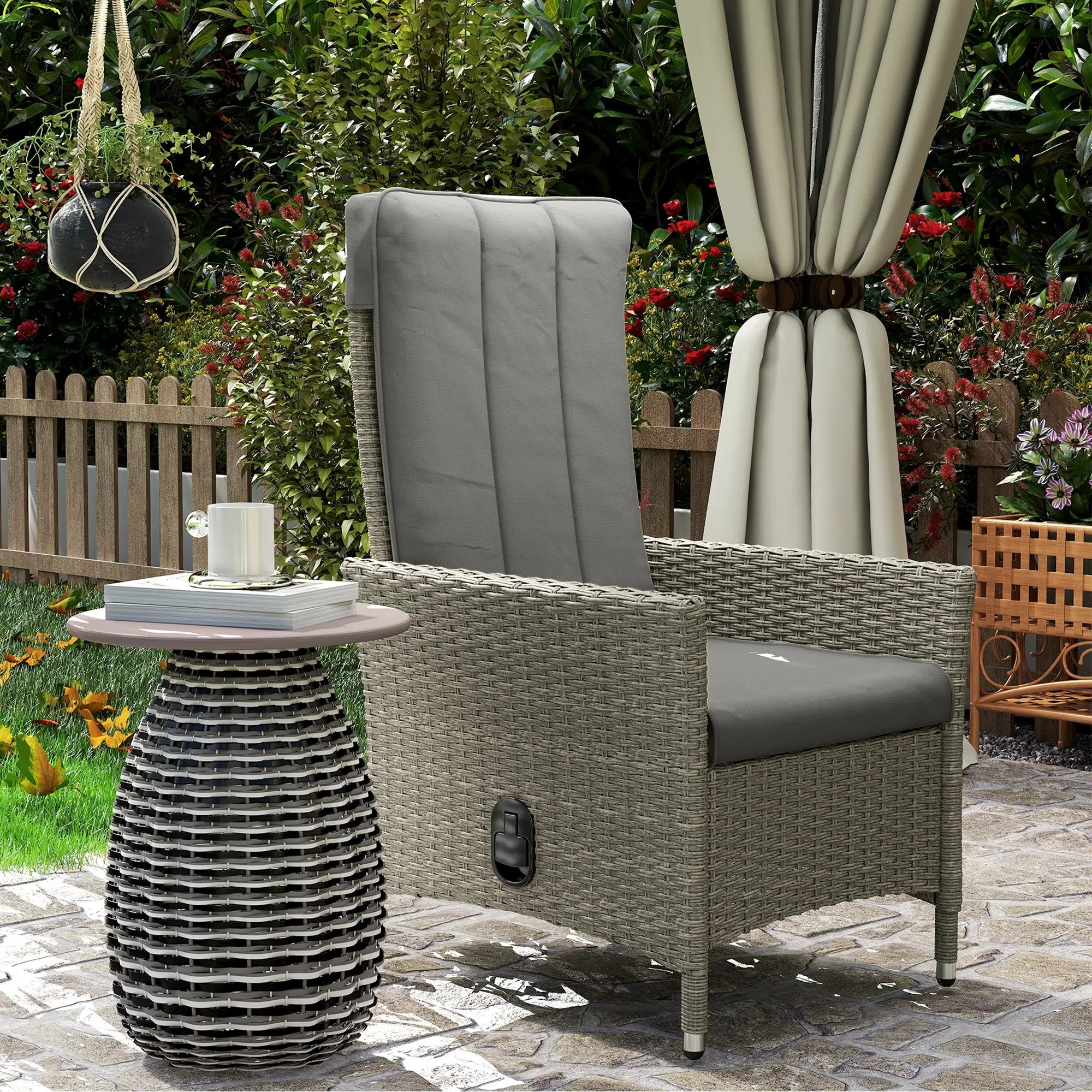 Wicker Outdoor Recliner Chair, Adjustable Backrest With Cushion, Grey Wicker Chaise Loungers at Gallery Canada