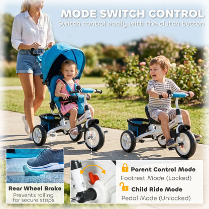 6 in 1 Tricycle for Toddlers, Parent-Push Handle, Blue Tricycles for Kids at Gallery Canada