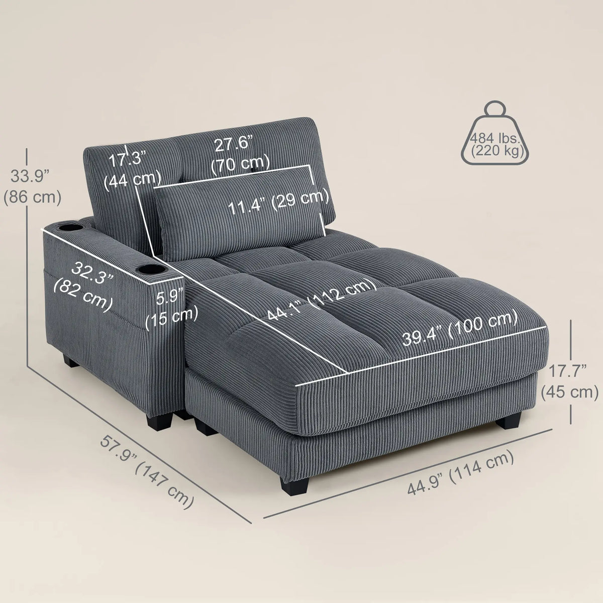 58 Inch Chaise Lounge, Oversized Corduroy Sofa Bed, Dark Grey Sofas & Reclining Chairs at Gallery Canada