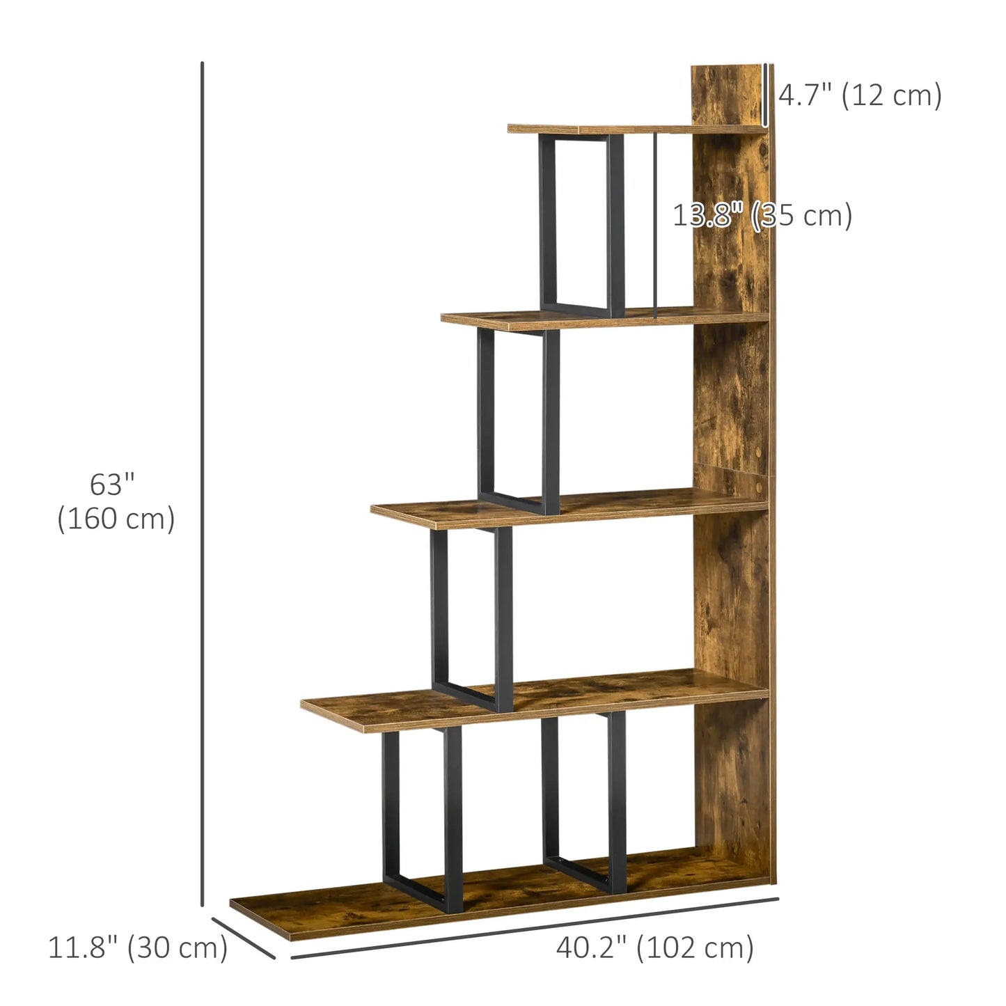 Industrial Bookcase, 5-Tier Wooden Ladder Shelf, Rustic Brown Display Bookshelves at Gallery Canada
