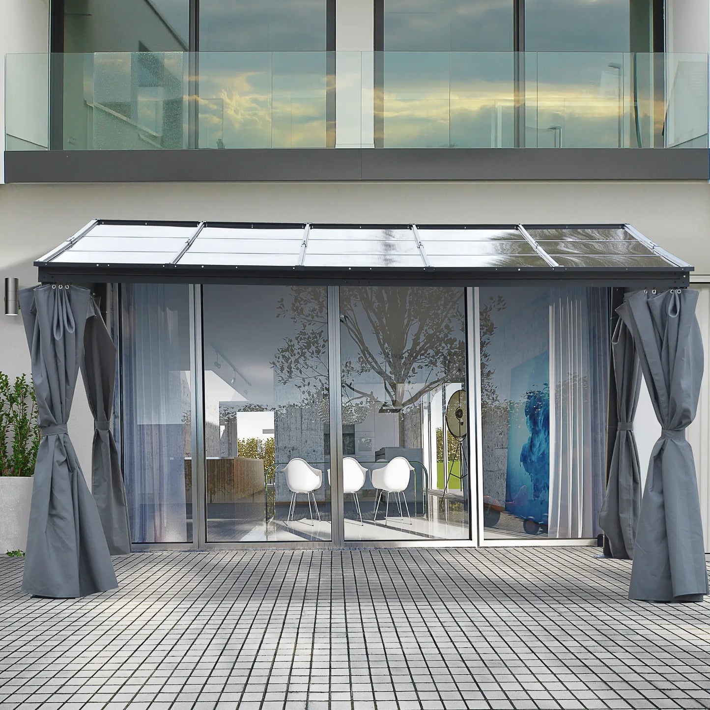 10' x 13' Hardtop Pergola, PC Roof Gazebo, Sun Shelter with Curtains Pergolas at Gallery Canada