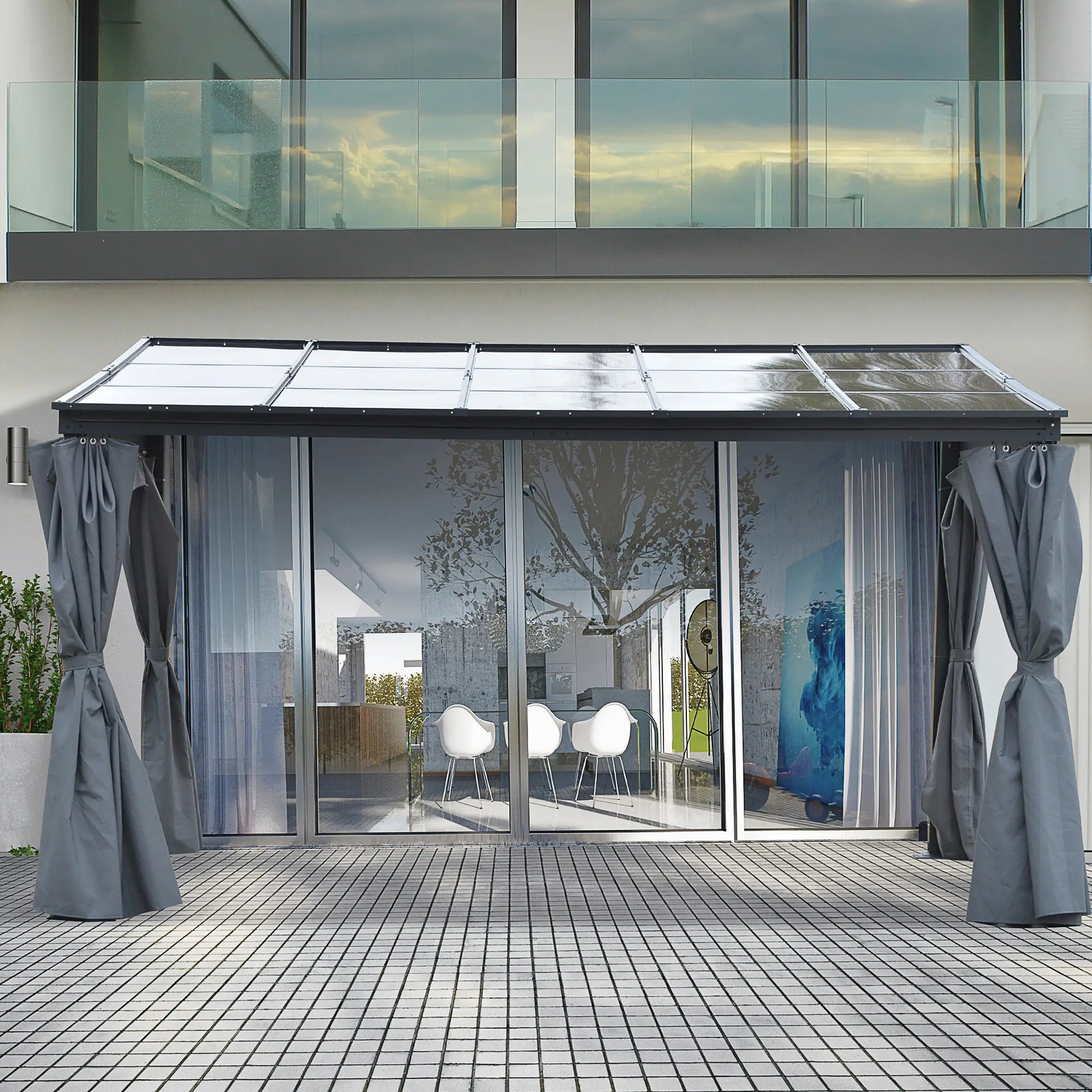 10' x 13' Hardtop Pergola, PC Roof Gazebo, Sun Shelter with Curtains Pergolas at Gallery Canada