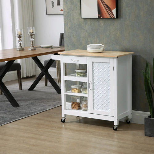 Kitchen Cart on Wheels, Embossed Door Panel, Storage Drawer, White
