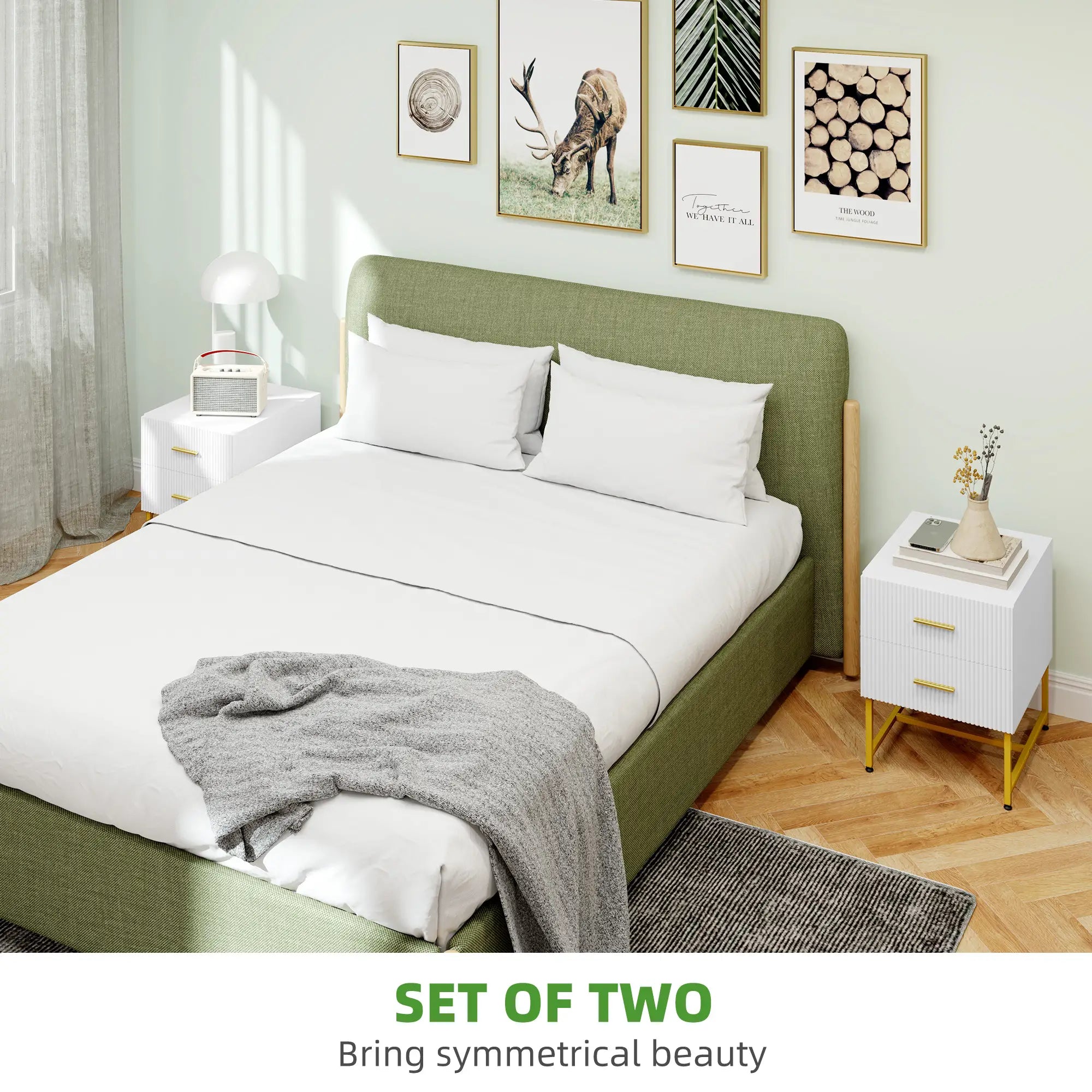 2 Nightstands with Storage, Modern Bedside Tables, 2 Fluted Drawers, Gold Legs, White Bedside Tables at Gallery Canada