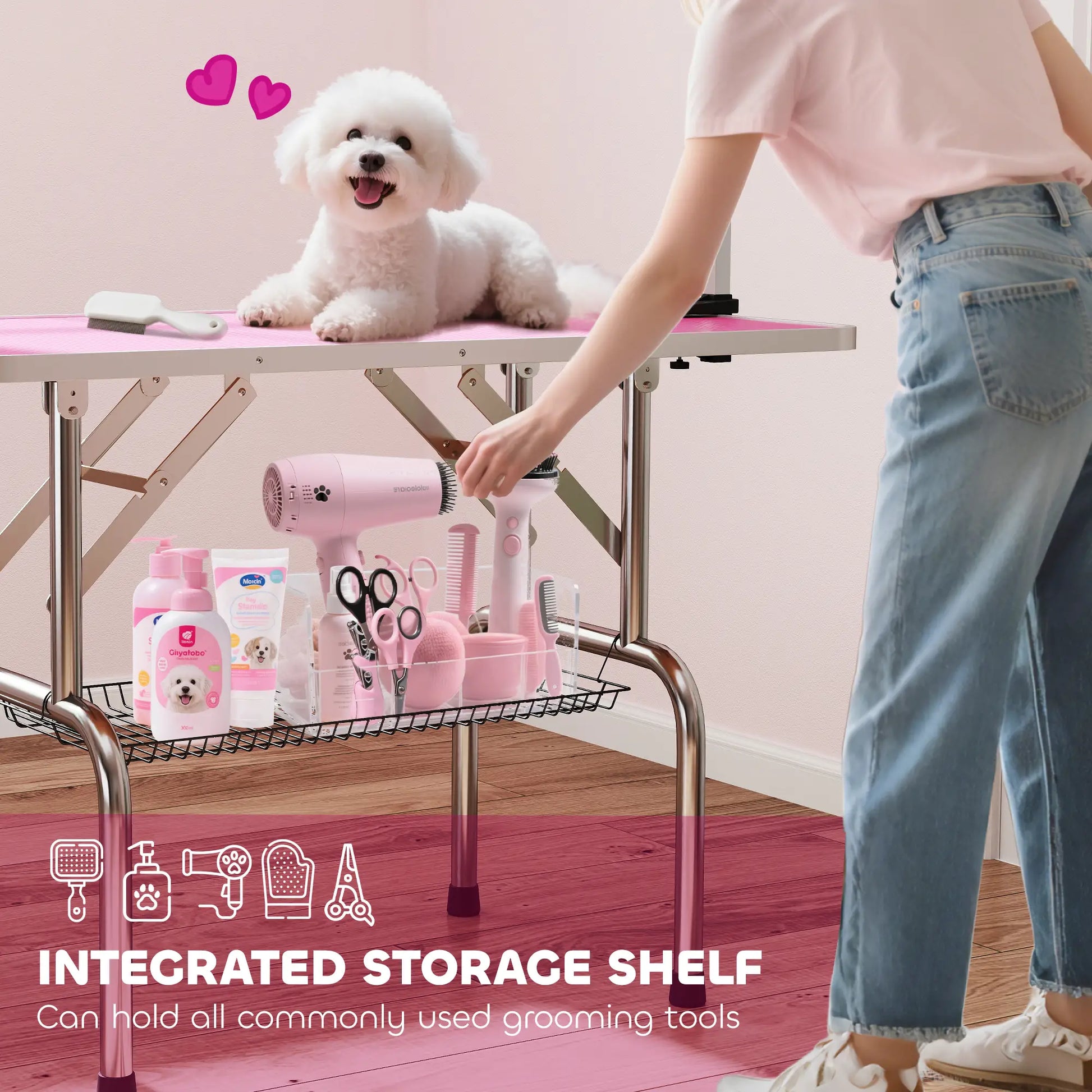 Adjustable Dog Grooming Table with 2 Safety Slings, Storage Basket, Pink Dog Grooming Tables at Gallery Canada