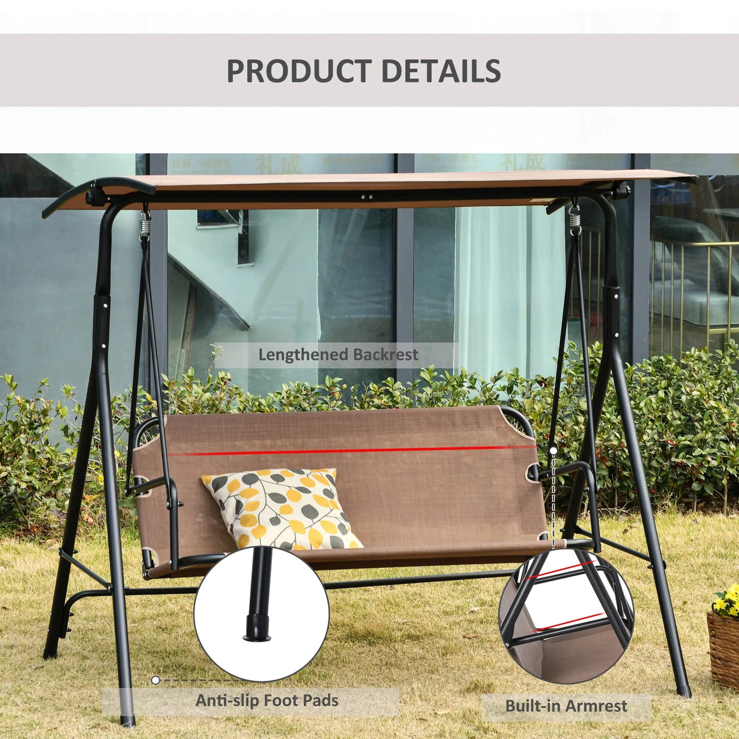 2-Person Porch Swing Chair, Adjustable Canopy, Breathable Seat, Brown Patio Swings with Stand at Gallery Canada