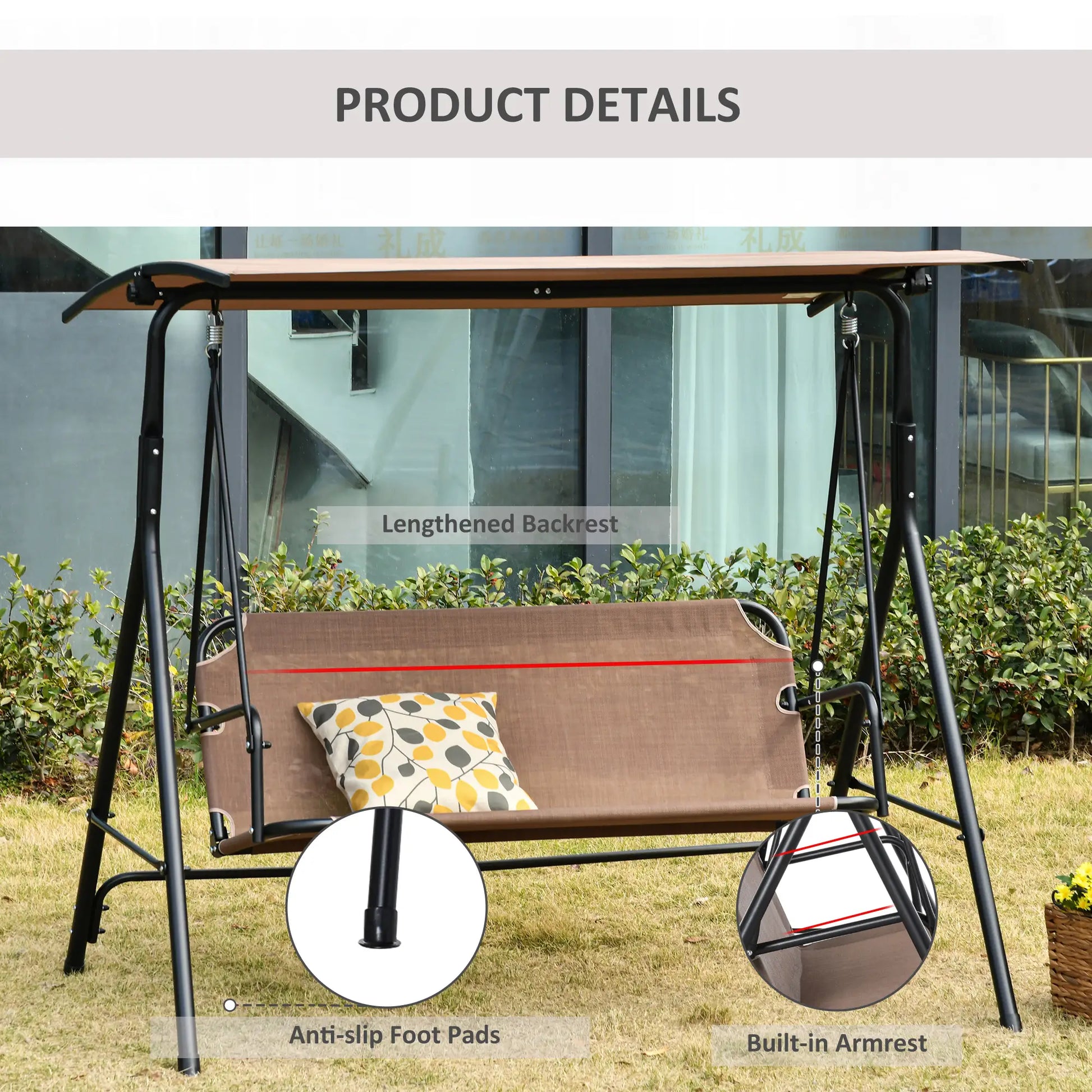 2-Person Porch Swing Chair, Adjustable Canopy, Breathable Seat, Brown Patio Swings with Stand at Gallery Canada