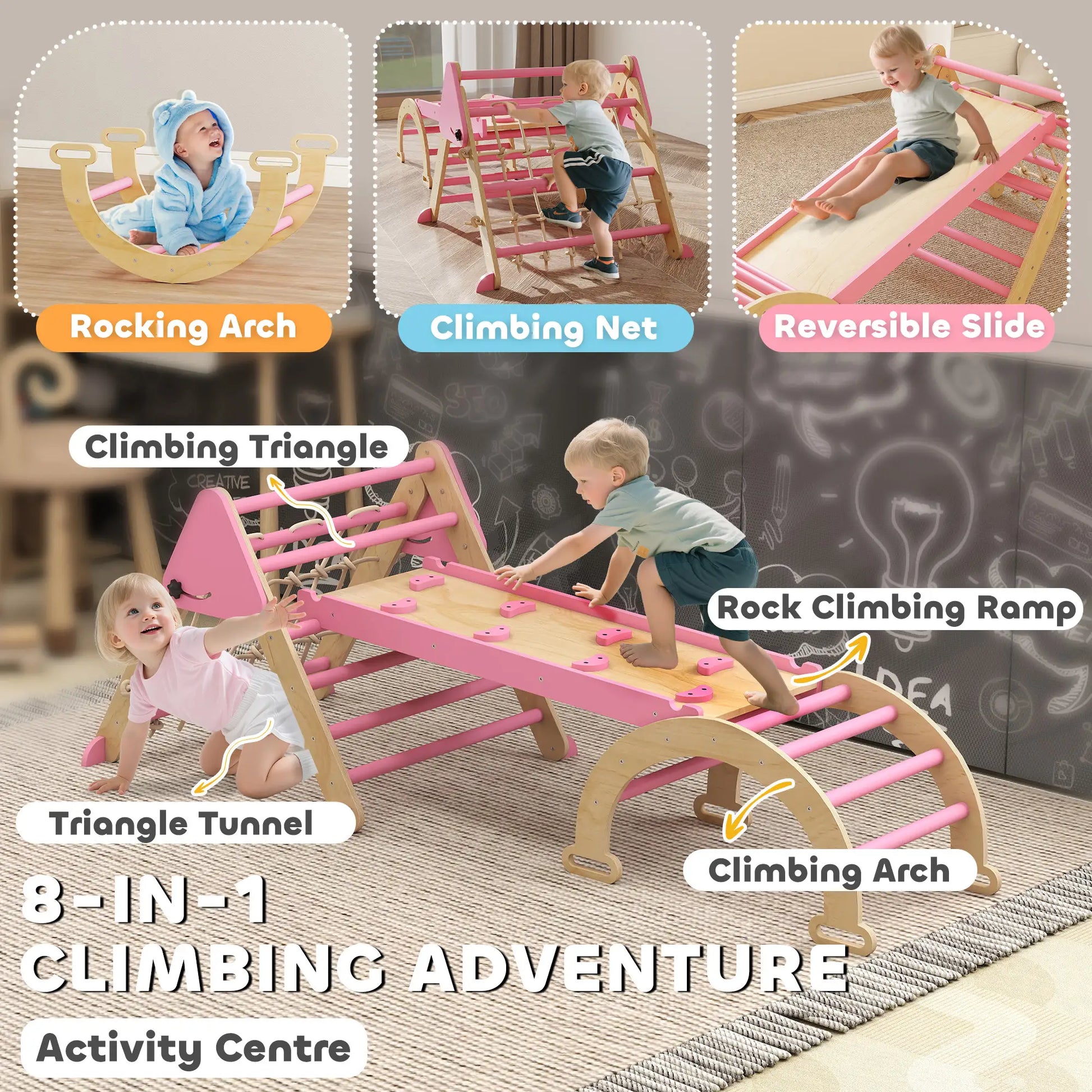 8-in-1 Pikler Triangle Set, Foldable Wooden Climbing Toys, Pink Kids Gym & Playmats at Gallery Canada