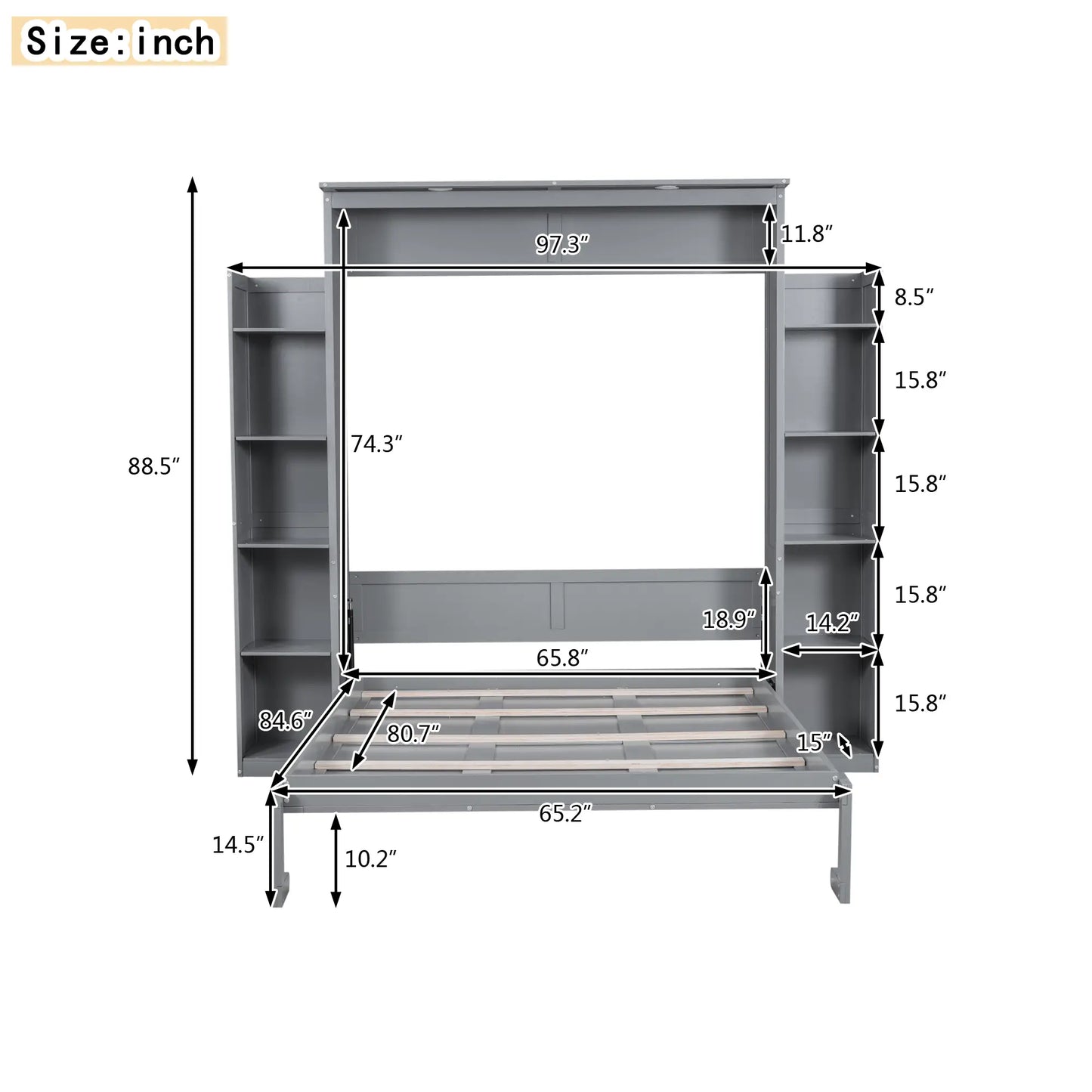 Murphy Bed with Shelves, LED Lights, 97.5" L x 84.5" W x 88.5" H, Grey Bed Frames at Gallery Canada