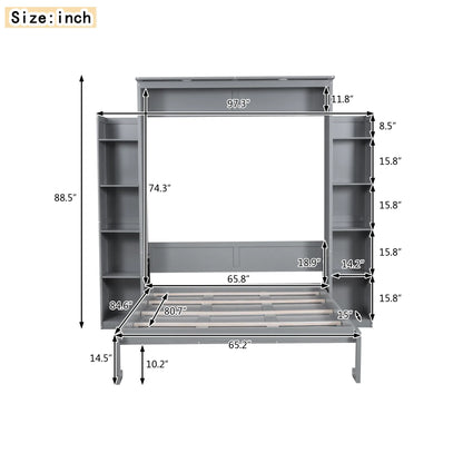 Murphy Bed with Shelves, LED Lights, 97.5" L x 84.5" W x 88.5" H, Grey Bed Frames at Gallery Canada