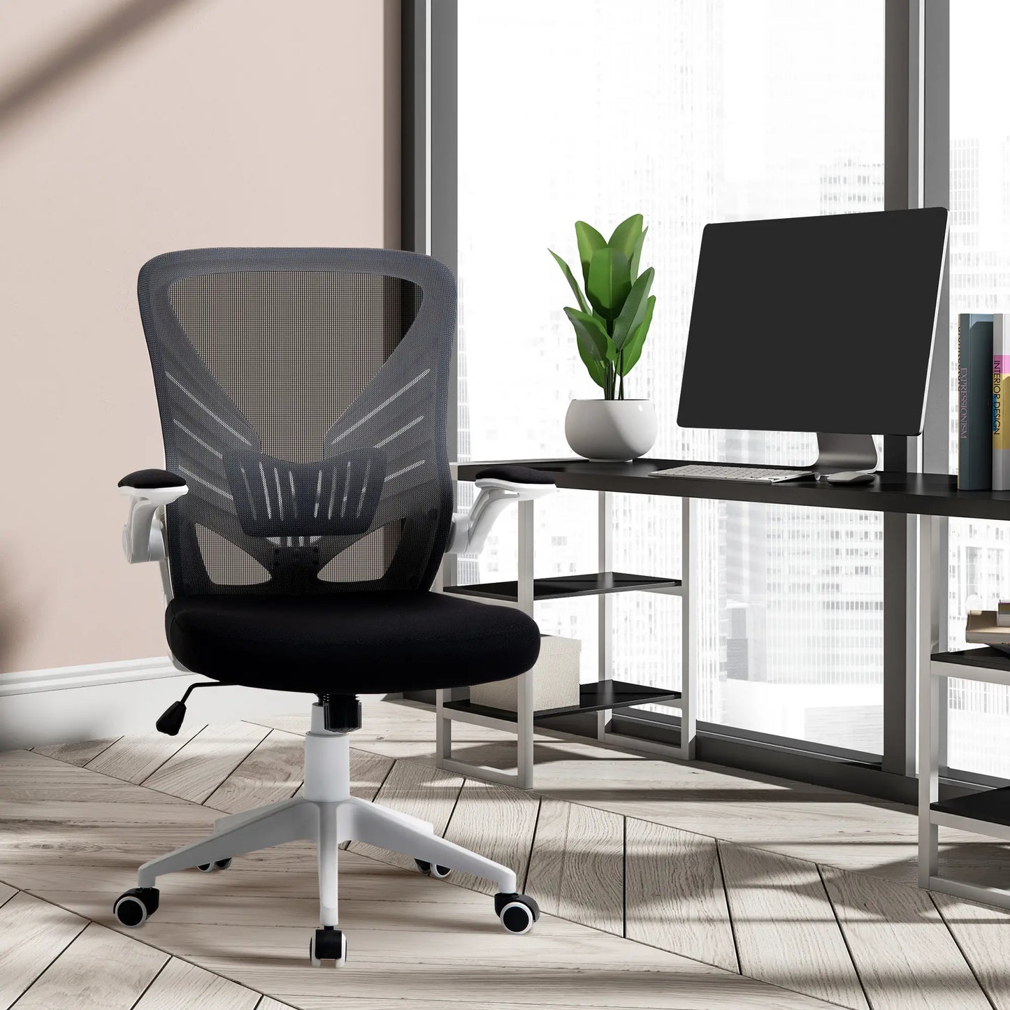 Mesh Office Chair, Swivel Task Desk, Lumbar Support, Flip-Up Arm, Adjustable Height, Grey/Black Task Chairs at Gallery Canada